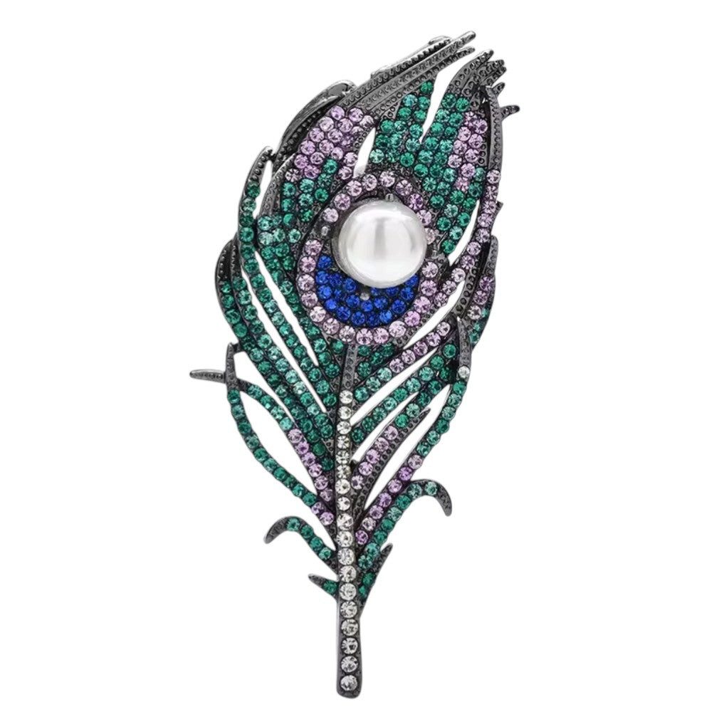 Brosche Stillvolle Pfauenfeder-Brosche mit Kunstperle und Strass 8,5 cm