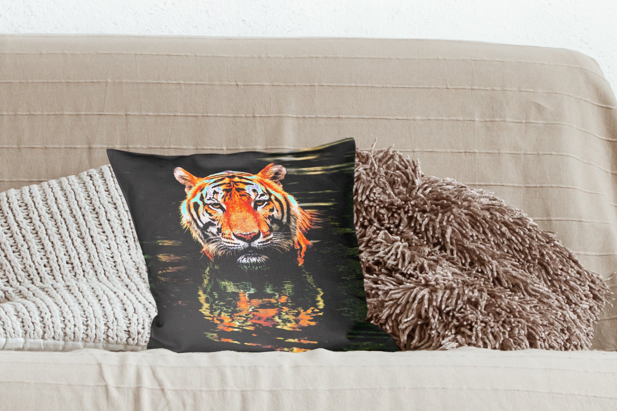 Dekokissen Zierkissen Wohzimmer, Schlafzimmer, Tiger mit MuchoWow im Deko, Sofakissen Wasser, für Füllung