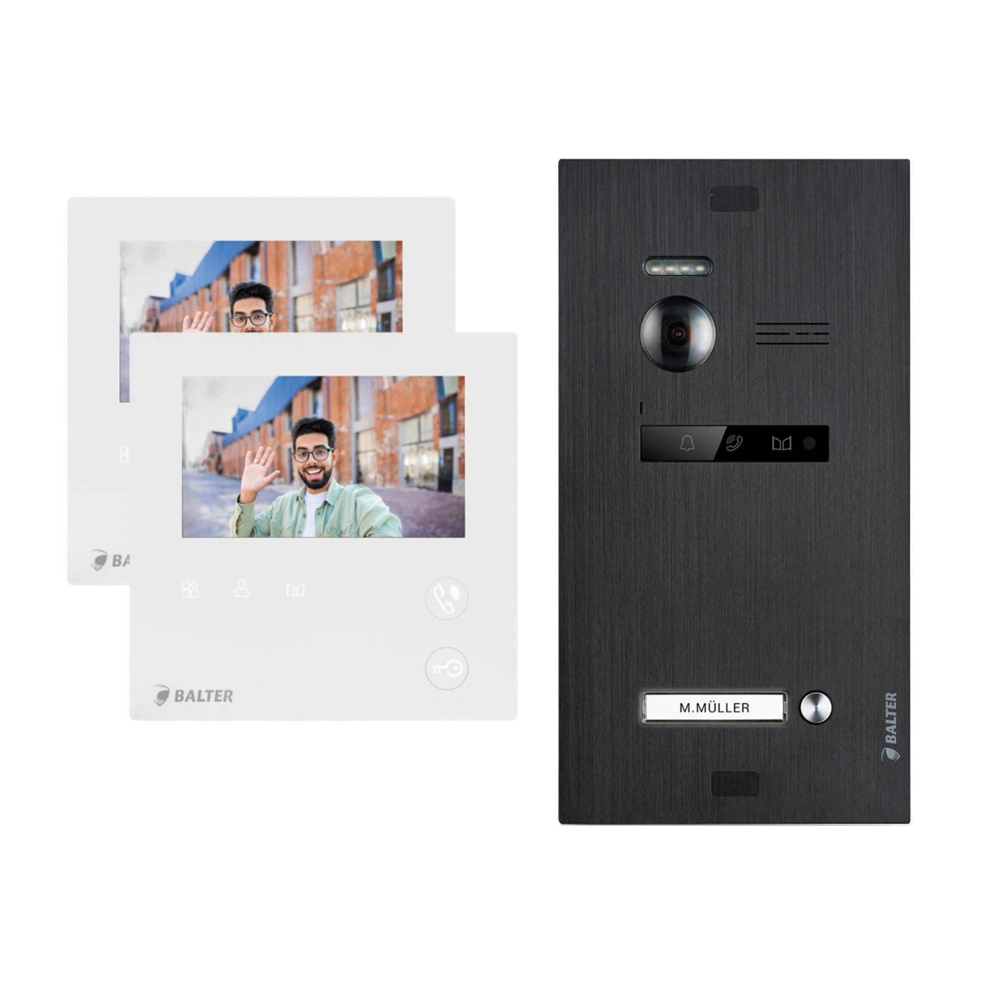 Balter Video-Türsprechanlage EVO MINI Komplettsystem für 1-Familienhaus Schwarz 2x 4.3" Monitore (Set, 1-Familienhaus, Komplettsett, 2-Draht BUS, 150° Weitwinkel-Kamera)