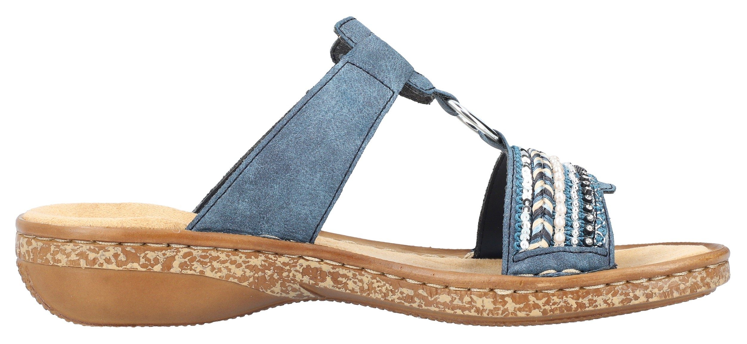 Rieker Pantolette Keilabsatz, Sommerschuh, Schlappen mit Pailetten- und Perlenbesatz