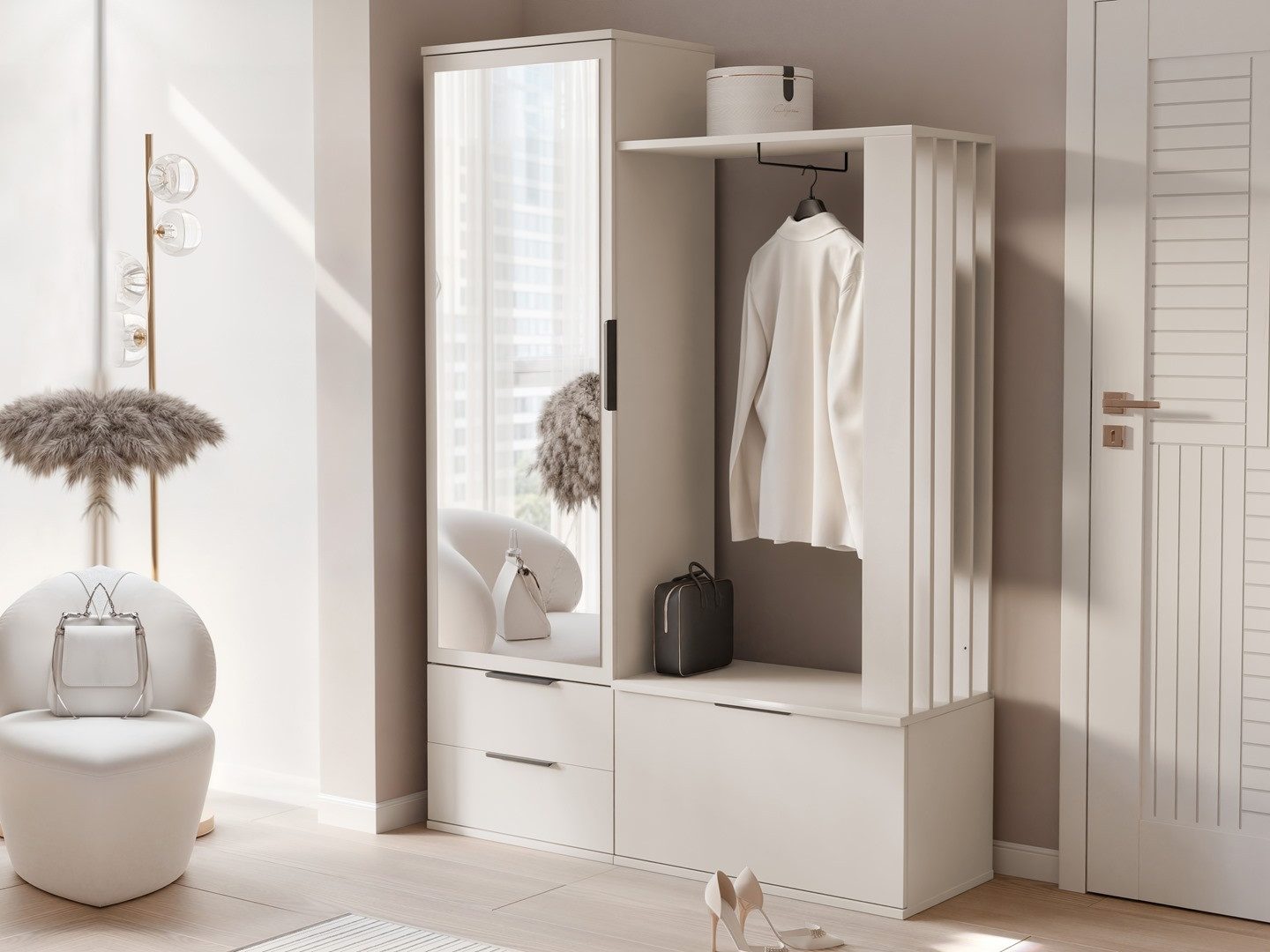 Beautysofa Garderobenschrank LORENZO – modern, mit Spiegel (2 Schubladen & Schuhfach, Sandbeige)