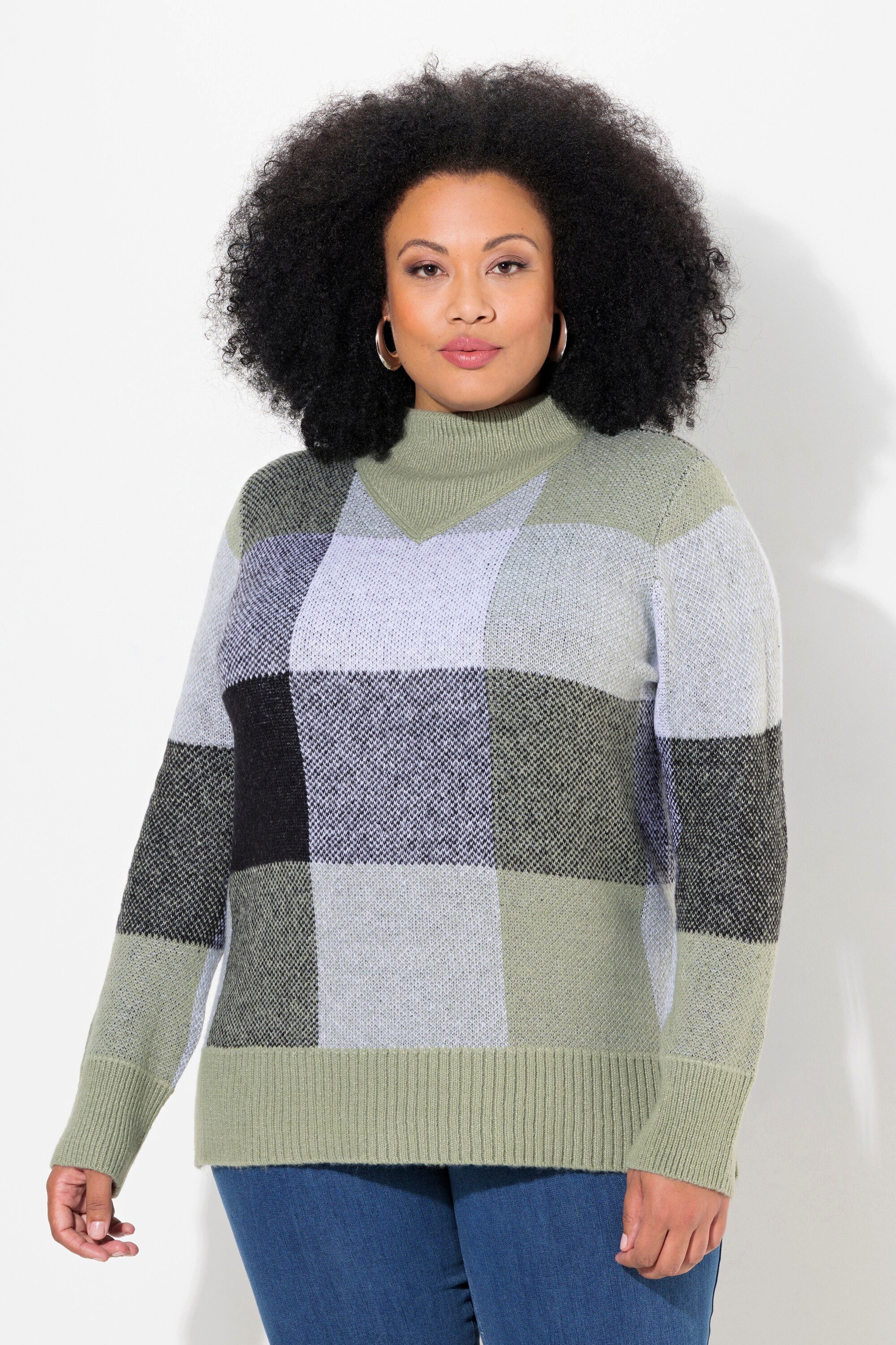 Ulla Popken Strickpullover Pullover Karomuster Stehkragen günstig online kaufen