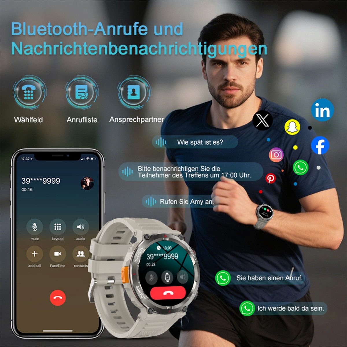 blackview Militärische Smartwatch für Herren mit Telefonfunktion, 960 mAh Akku Smartwatch (1.45 Zoll, iOS/Android), 1× Silikonarmband 1× Geflochtenes Armband 1× Magnetisches Ladekabel, 30 Tage Akkulaufzeit, LED-Taschenlampe, Kompass,150+ Sportmodi,IP68