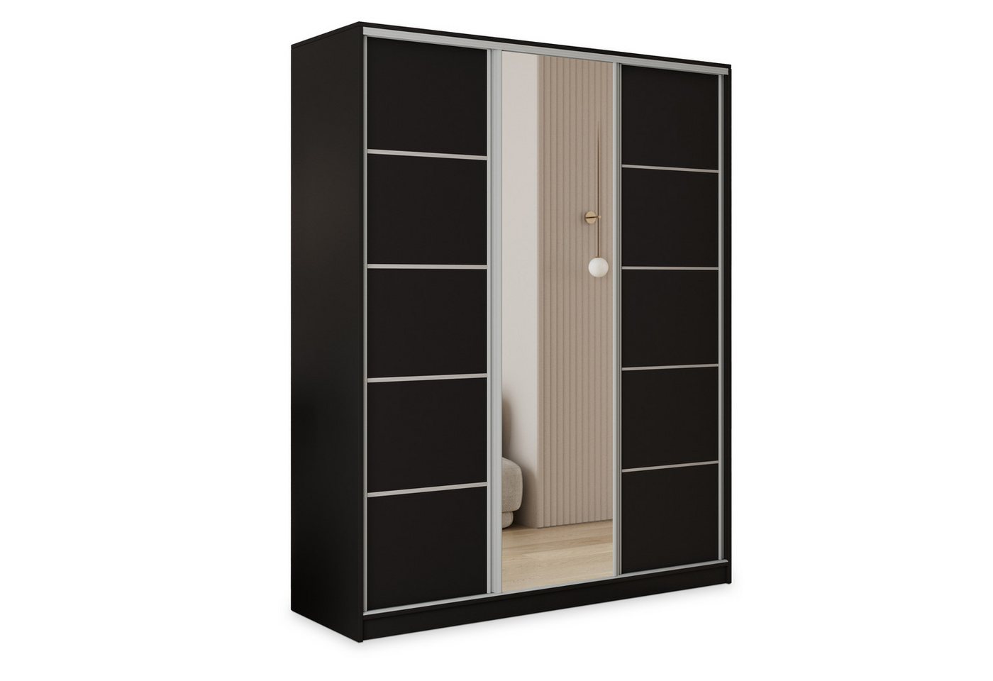 Masseno Schwebetürenschrank PINA 150 cm Kleiderschrank mit Spiegel 3 Türen Schwarz