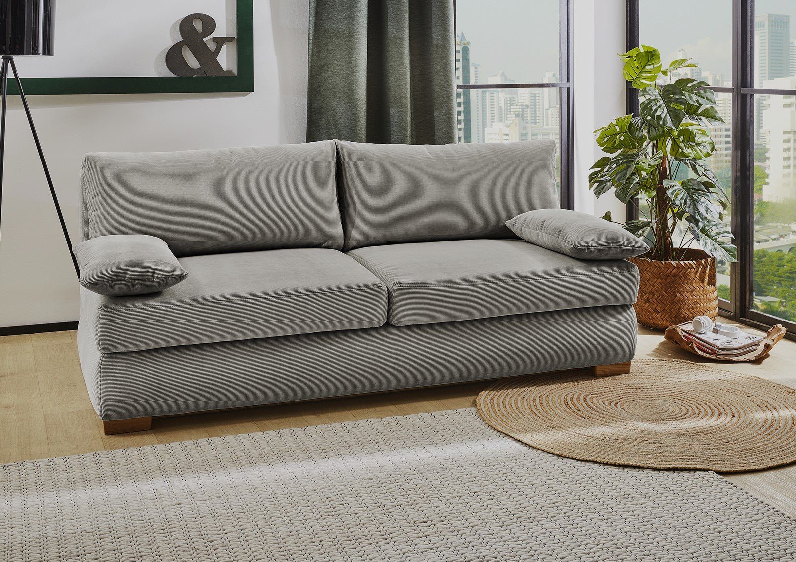 luma-home Schlafsofa 15152, Dauerschläfer mit Bettkasten B201/T110/H88 cm, Liegefläche 160x200 cm, Federkern, Wellenunterfederung, separater Topper, Feincord Hellgrau