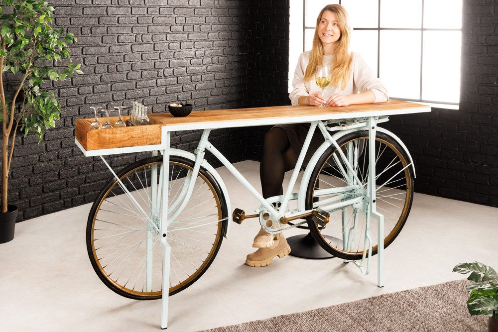 riess-ambiente Konsolentisch BICYCLE 195cm salbei / natur · Upcycling-Bartisch mit Fahrrad-Gestell (Einzelartikel, 1-St), Mango-Massivholz-Platte · recycelte Materialien · Retro Design