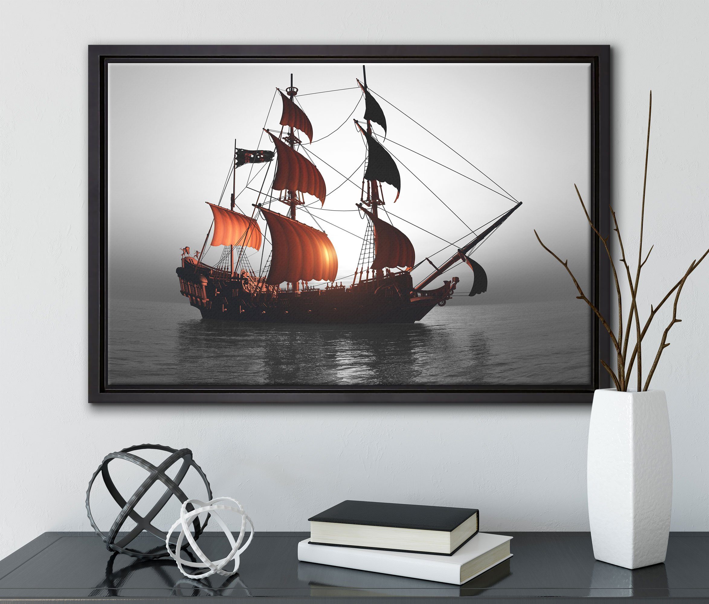 Gewaltiges Zackenaufhänger inkl. Segelschiff, in gefasst, Leinwandbild Schattenfugen-Bilderrahmen Leinwandbild (1 bespannt, fertig St), Wanddekoration Pixxprint einem