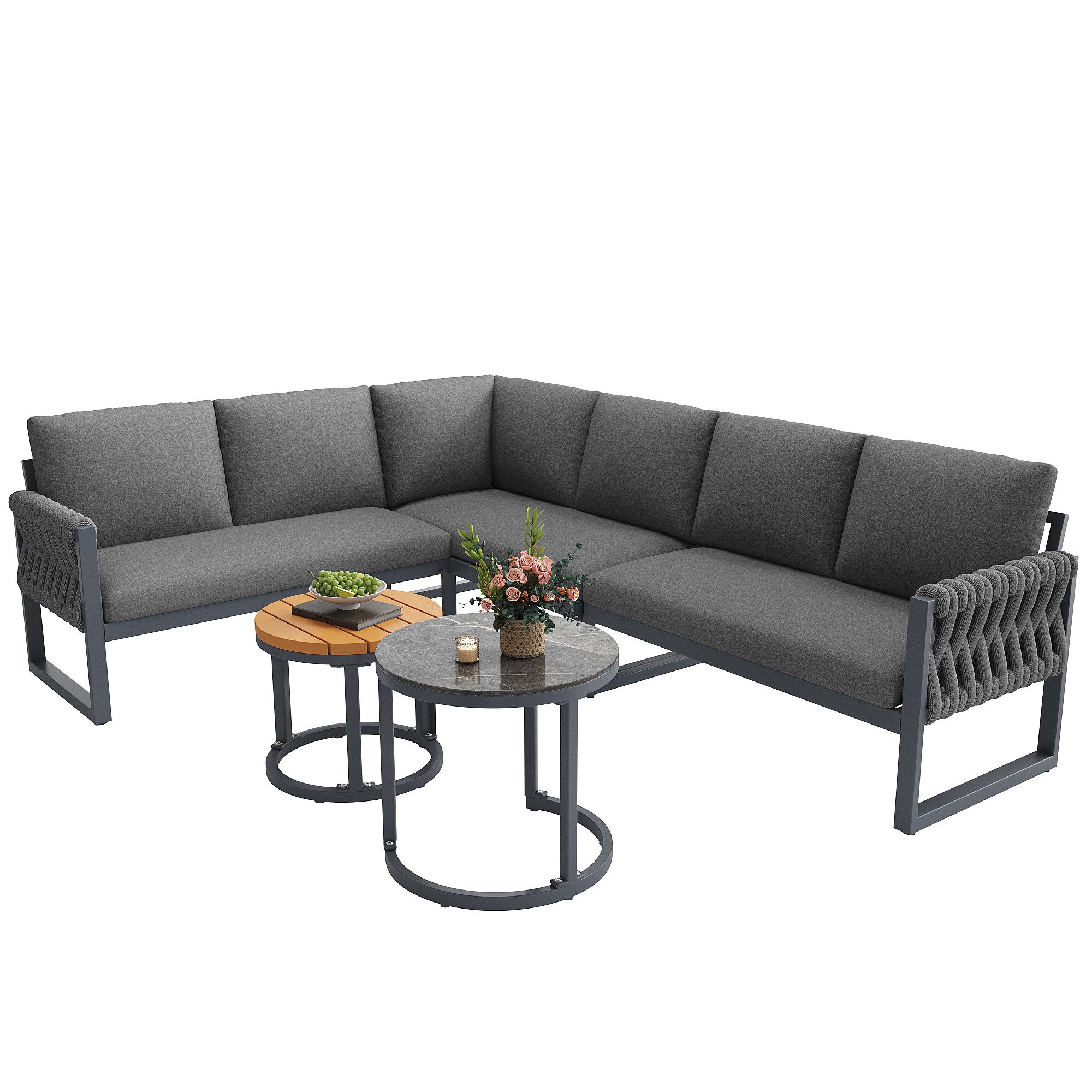 MODFU Gartenlounge-Set Ecksofa mit verzinktem Eisengestell, (mit verstellbaren Beinen, 5-tlg), mit Relaxfunktion