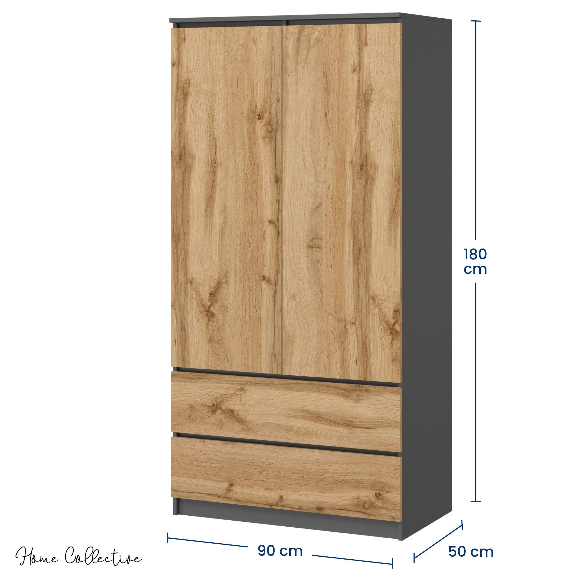 Home Collective Kleiderschrank Schrank 90cm breit mit 2 Schubladen, 3 Einlegeböden und Kleiderstange (Haushaltsschrank Schrank Organizer für Schlafzimmer Flur Keller Büro) robust & vielseitig viel Stauraum 90x50x180 (BxTxH) anthrazit / eiche