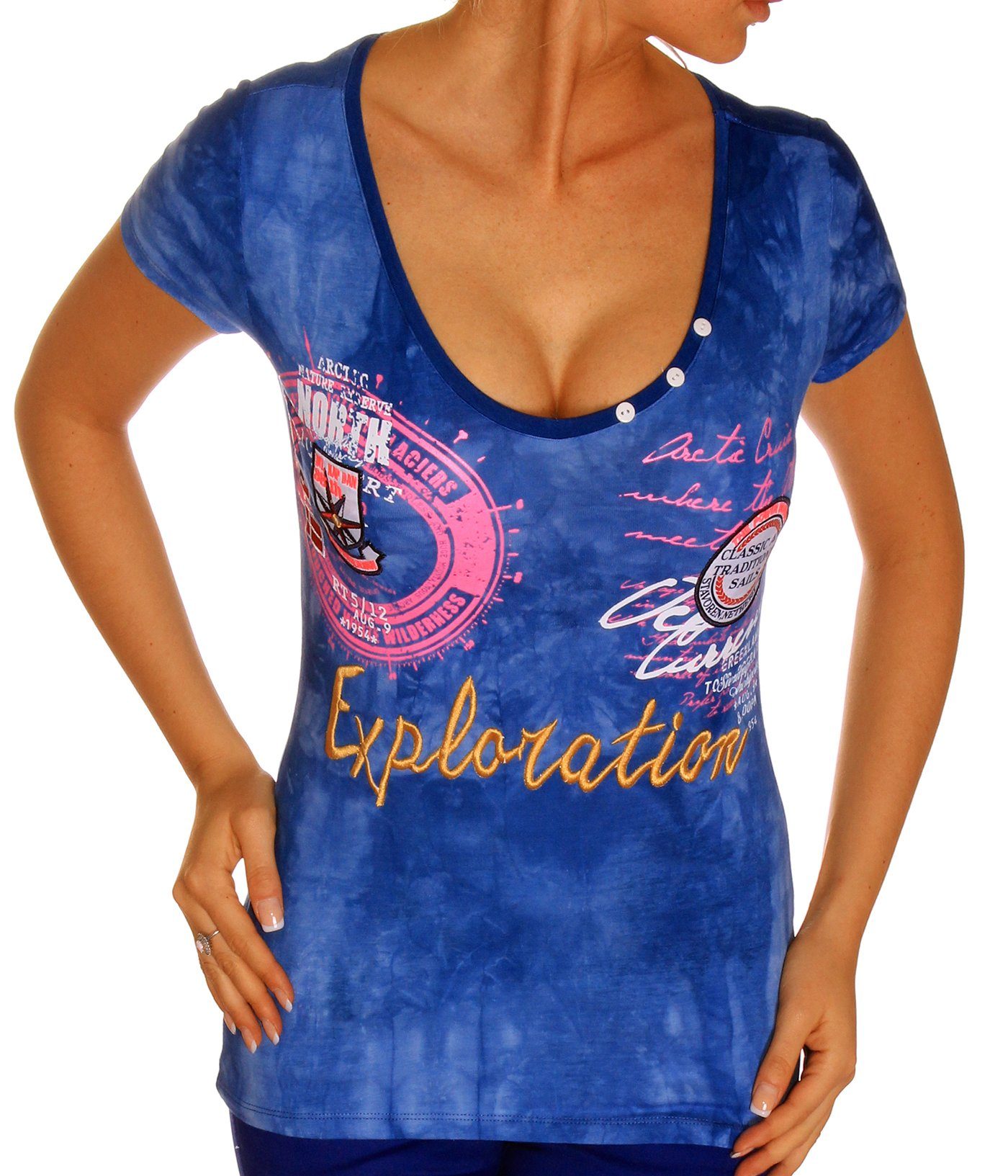 RMK T-Shirt Damen Freizeit Sommer kurzarm Shirt mit V-Kragen V-Neck günstig online kaufen