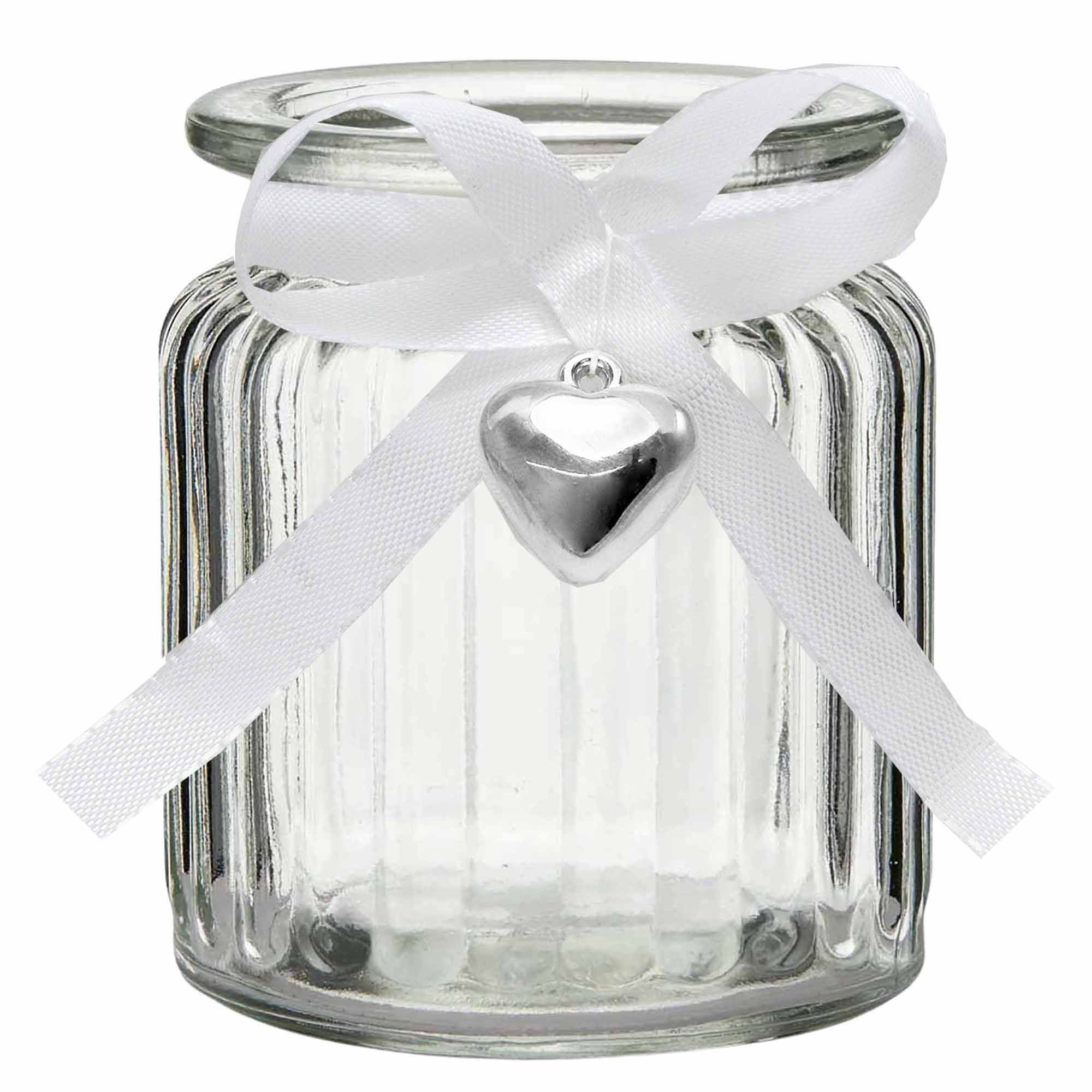 Annastore Windlicht 12er Set Teelichthalter Jana - Teelichtgläser - Tischdeko für Hochzeit (7,5 cm / H 9 cm), Teelichtgläser, Vase, Väschen, Glaswindlichter 12 x Gläser + weißem Dekoband + 12 x Dekoherzen, H 9 cm