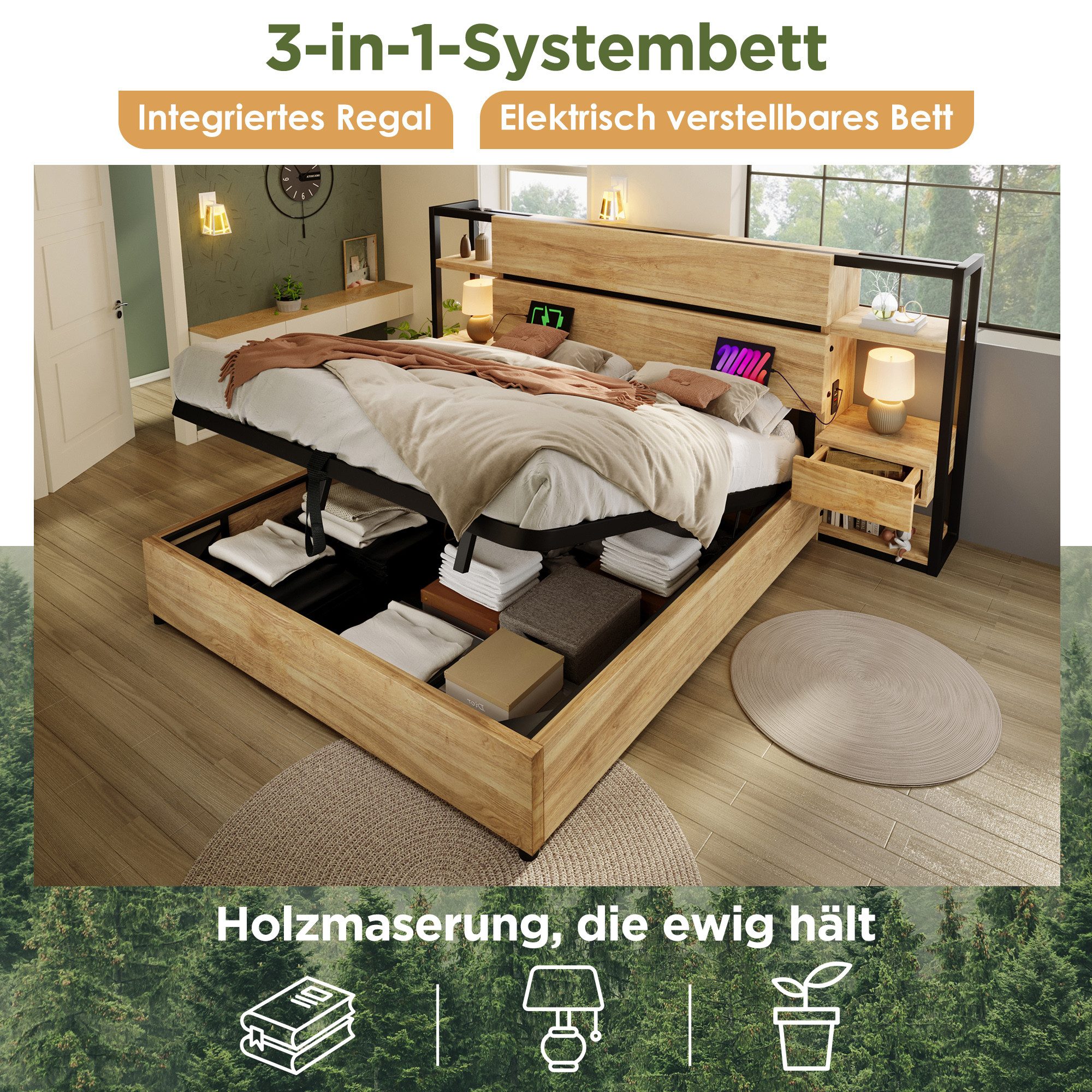 Flieks Holzbett, Hydraulisches Stauraumbett Schlafzimmerset 180x200cm mit USB & Type-C