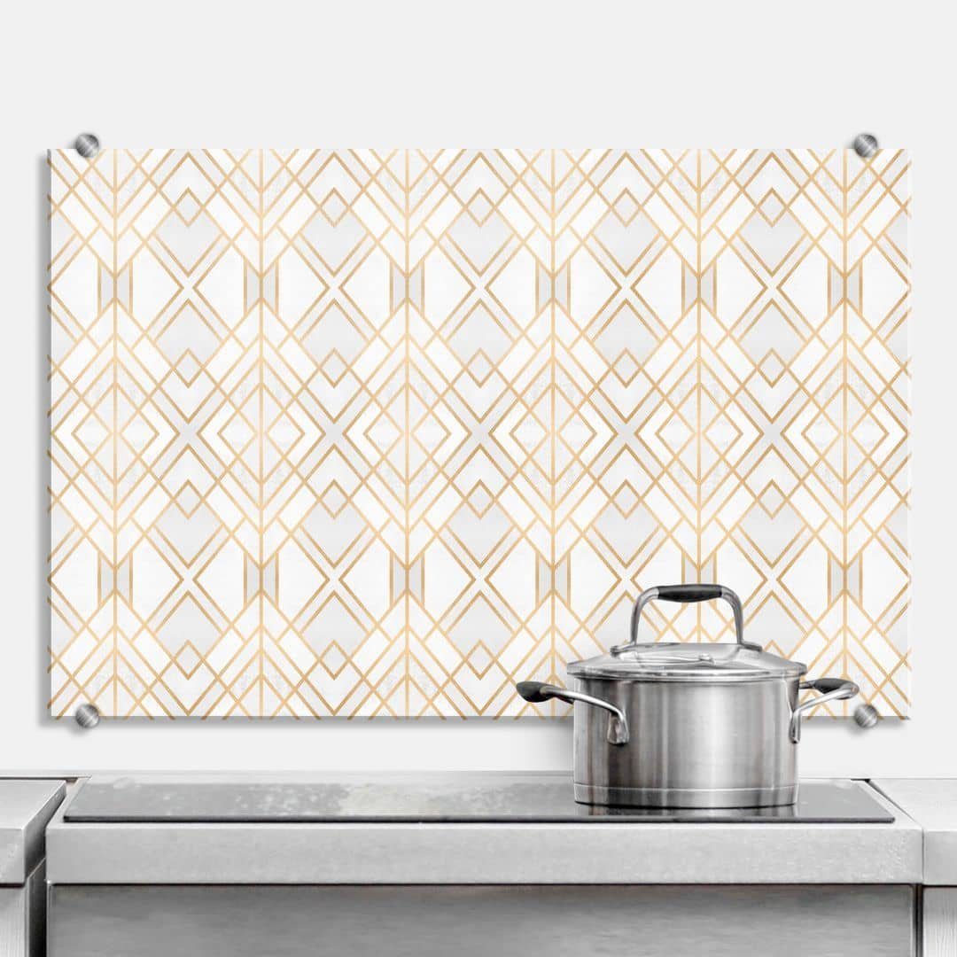 K&L Wall Art Spritzschutz Glas Küchenrückwand Gold Weiß Geometrie Nordic