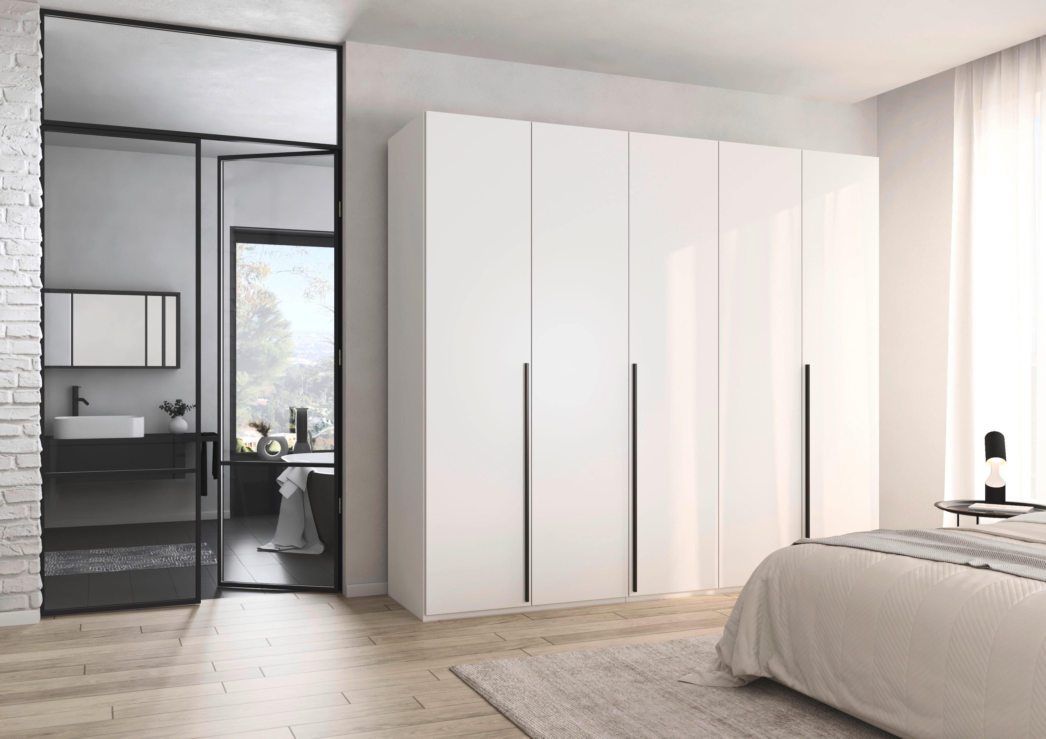 rauch Drehtürenschrank Kleiderschrank Schrank Garderobe Wäscheschrank BESTSELLER MONTCLAR (3 Ausstattungen BASIC/CLASSIC/PREMIUM (SOFT-CLOSE), Breiten 201-400 cm) Front in Glas/Hochglanz/Dekor/Grauspiegel in 5 Breiten MADE IN GERMANY
