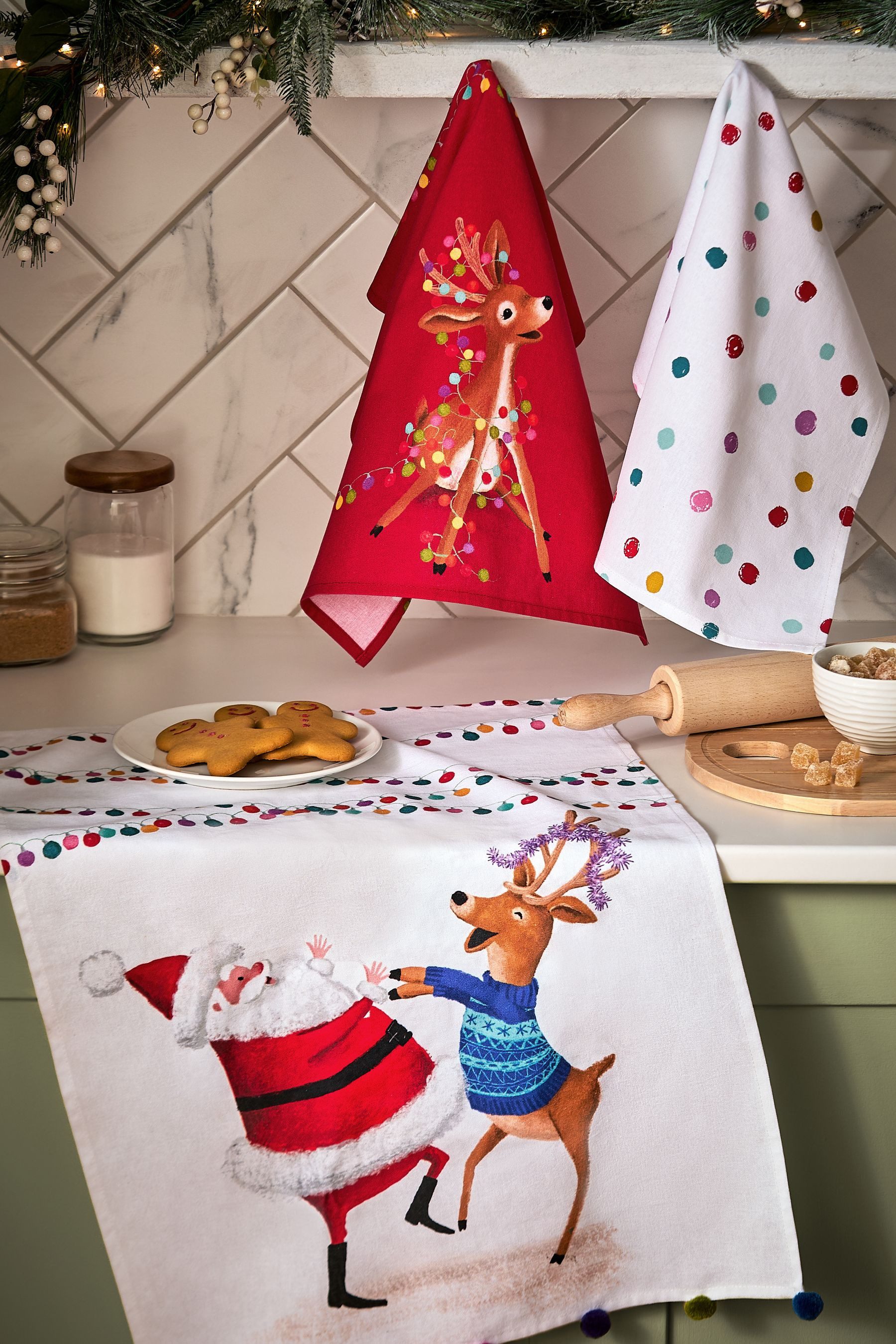 Next Geschirrtuch 3er-Set Geschirrtücher, lustiger Santa, (3-tlg), Geschirrhandtuch