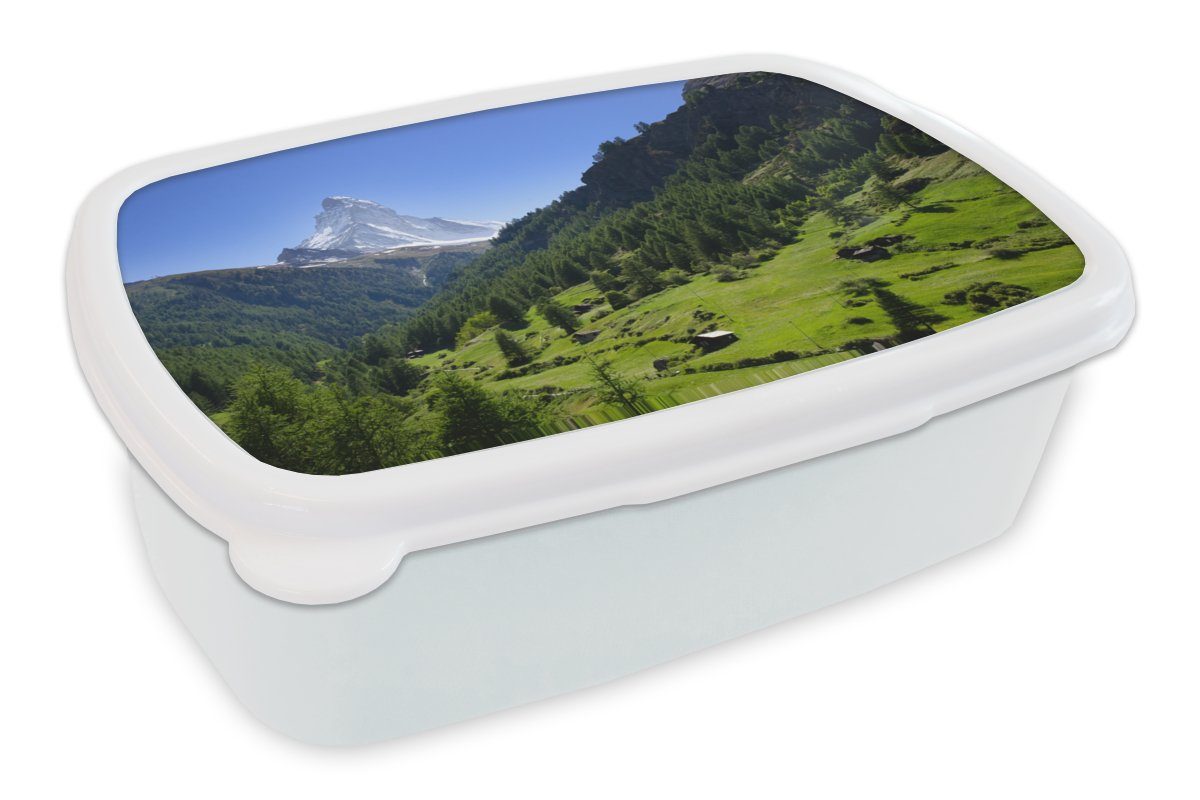 MuchoWow Lunchbox Schweizer Alpen Brotdose, Matterhorn Kinder für Erwachsene, Bäumen, (2-tlg), mit im Brotbox für und Mädchen und grünen Jungs Kunststoff, weiß