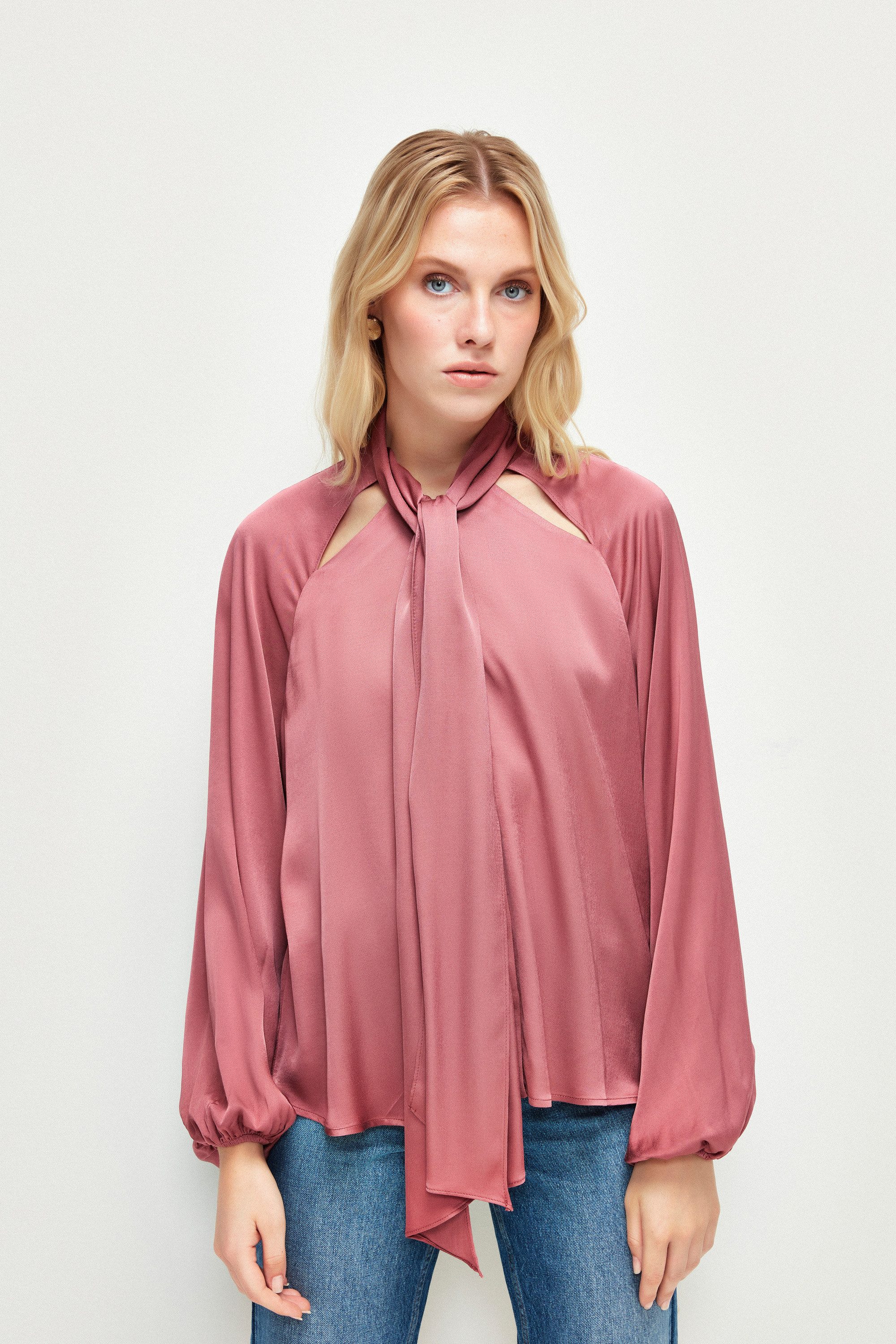 adL Blusentop Satinbluse mit Cut-Outs und Bindeband