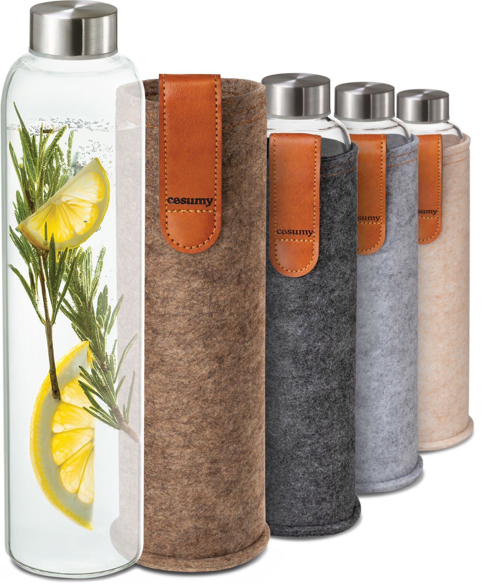Cosumy Trinkflasche Trinkflasche aus Glas mit Filztasche 750ml - Spülmaschinenfest, Sandbraun - BPA-freie Wasserflasche - für Kohlensäure geeignet