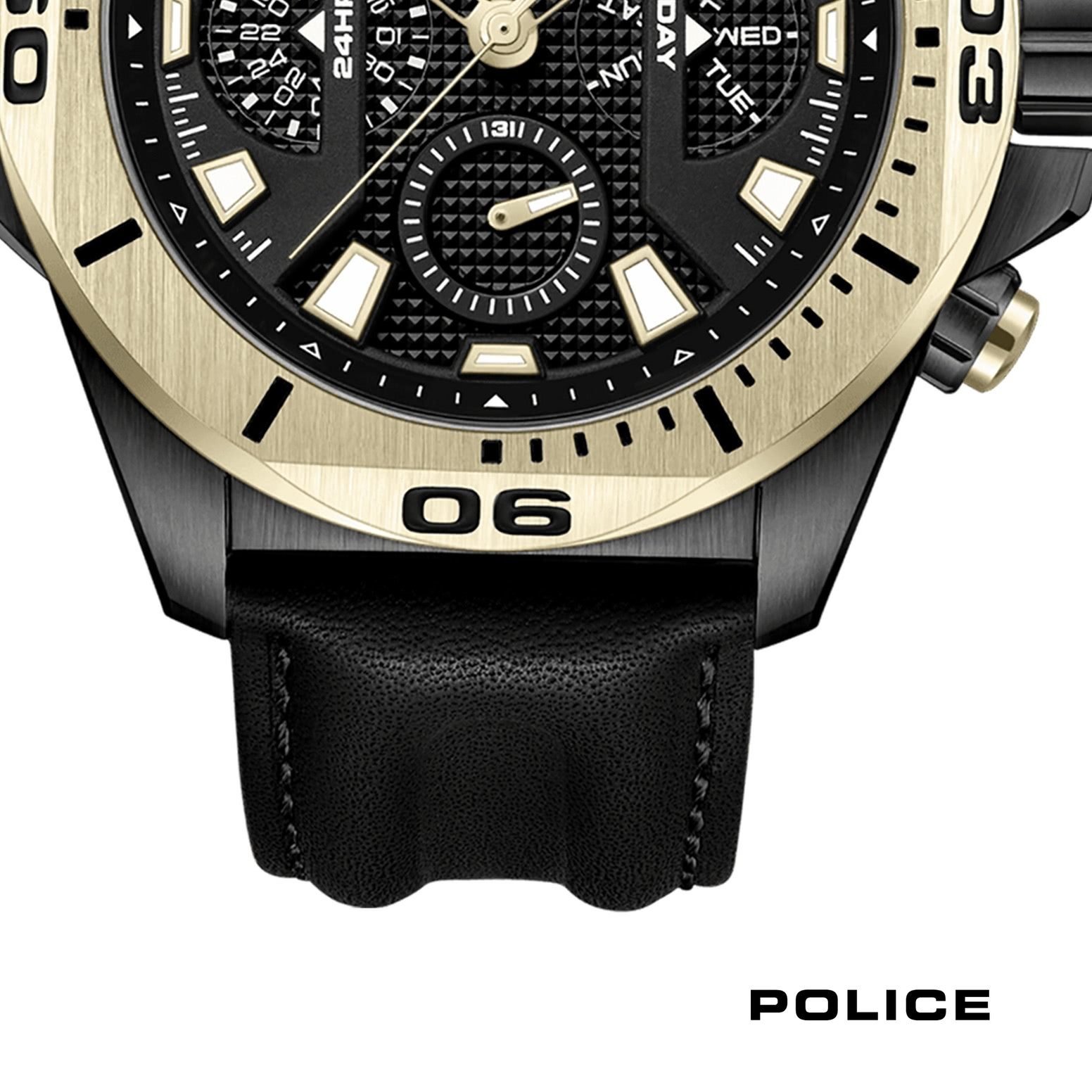 Police Quarzuhr Police Herrenuhr Leder schwarz, Herrenuhr rund, extra groß (ca. 46x54mm) Lederarmband, Luxus-Style