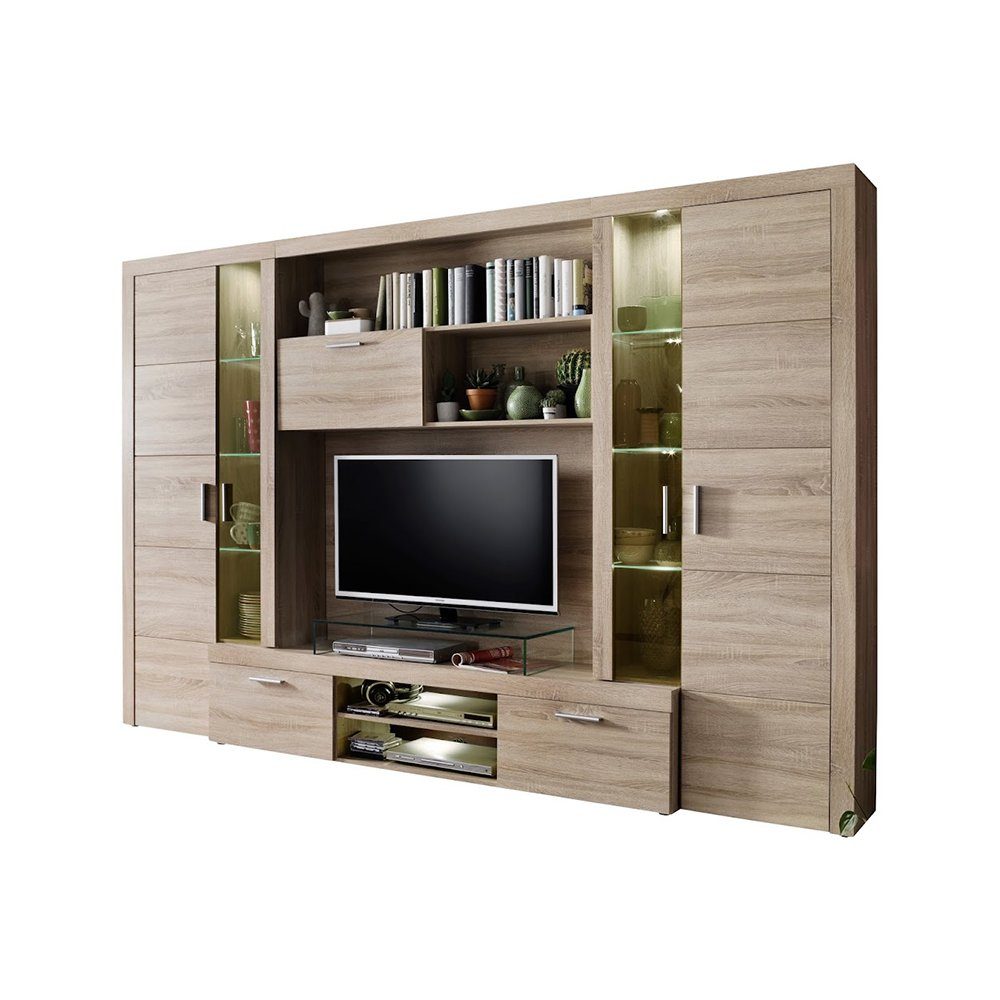 trendteam Wohnwand, Anbauwand inkl. Beleuchtung Eiche Sägerau hell 291x197x41 cm