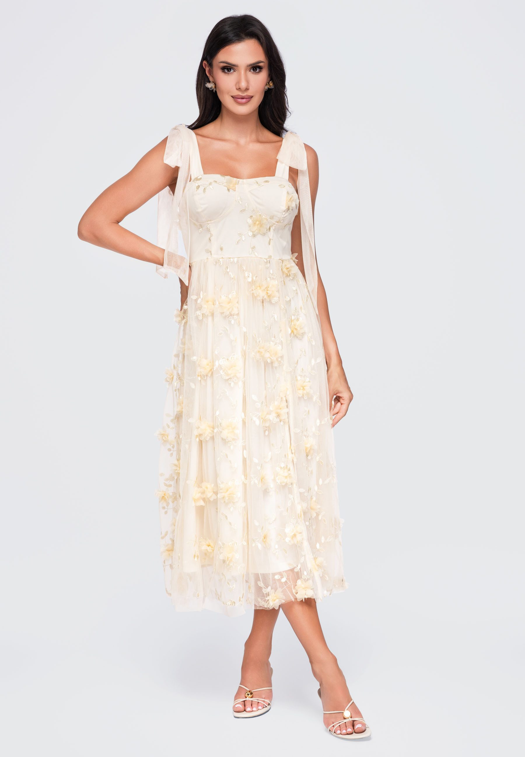 OMBRE Midikleid Damen Midi-Kleid mit floralem Design elegant Creme M (kein Set, 1-tlg) padded bust