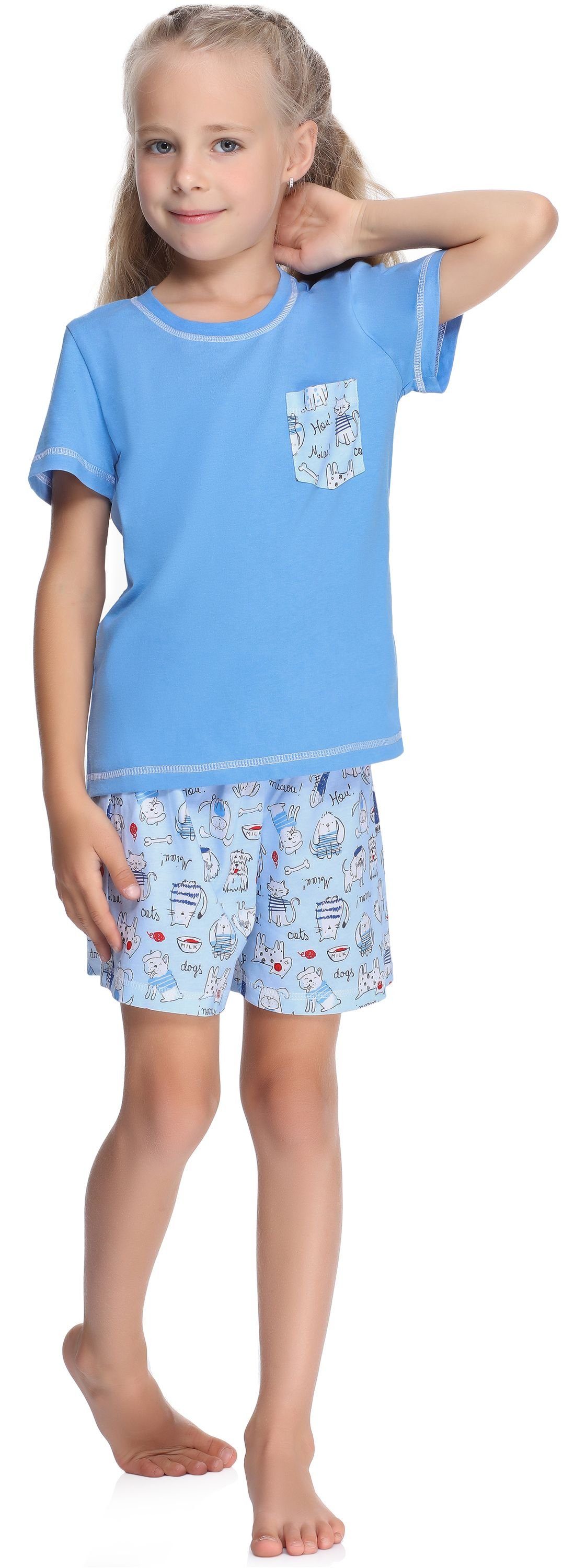 Blau/Hunde/Katze Kurz Mädchen aus Pyjama Style Schlafanzüge Baumwolle Set MS10-292 Merry Schlafanzug