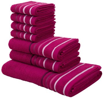 my home Handtuch Set Niki, Walkfrottee, (Set, 7-tlg), Handtuchset mit mehrfarbiger Streifenbordüre, aus 100% Baumwolle