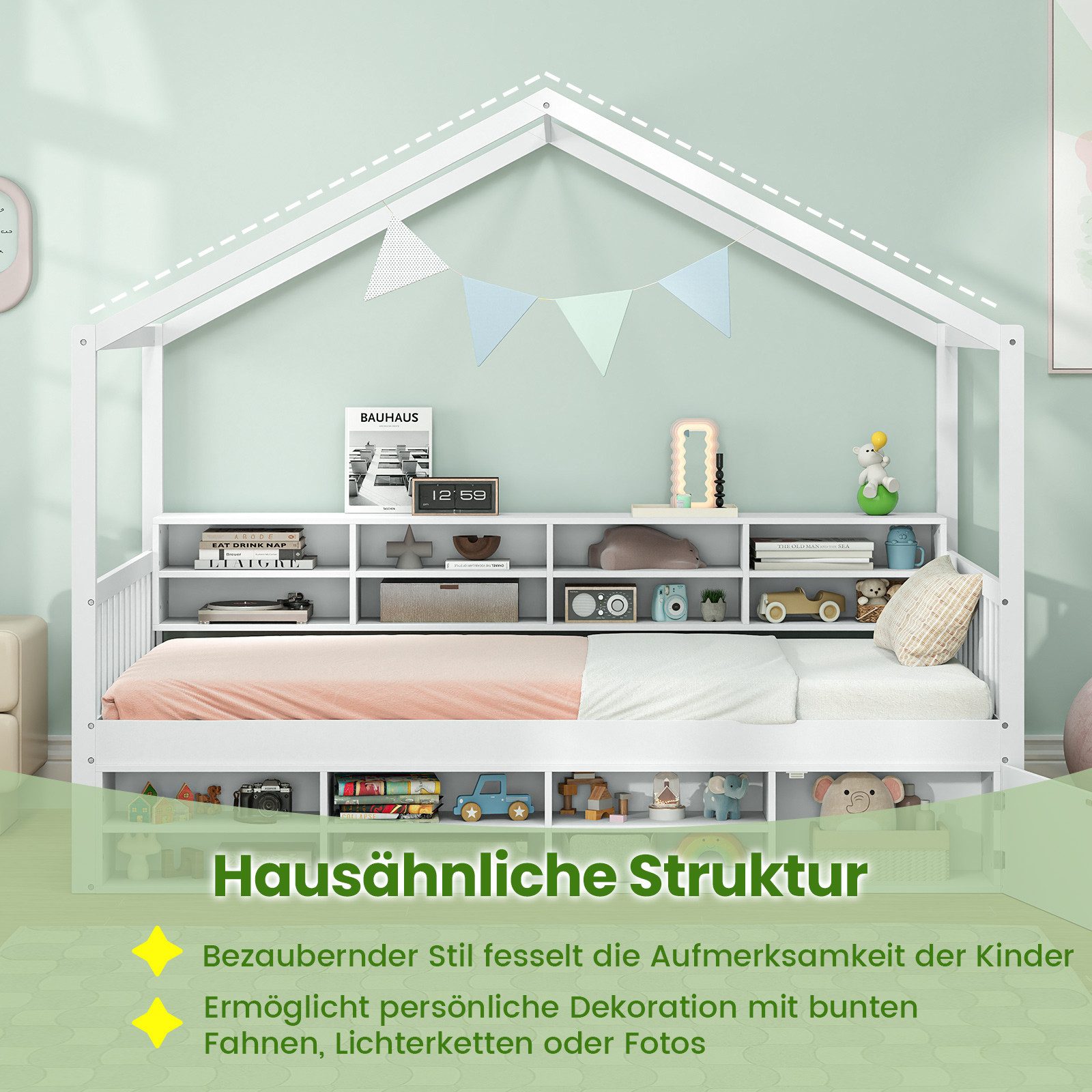 COSTWAY Kinderbett, Hausbett, mit 14 Fächern, Schrank, Lattenrost, 90x200 cm