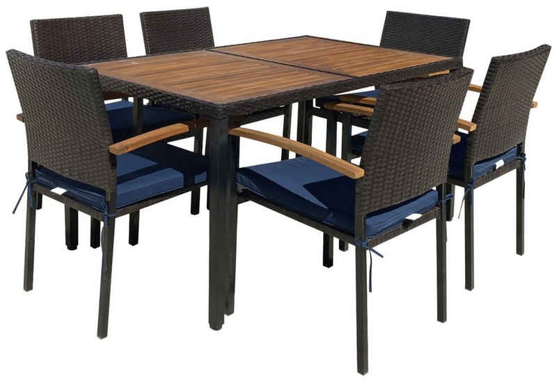 Garden Pleasure Gartenlounge-Set Gartentisch-Set Tischgruppe BILBAO 7-teilig inkl. Sitzkissen in blau, (7-tlg)