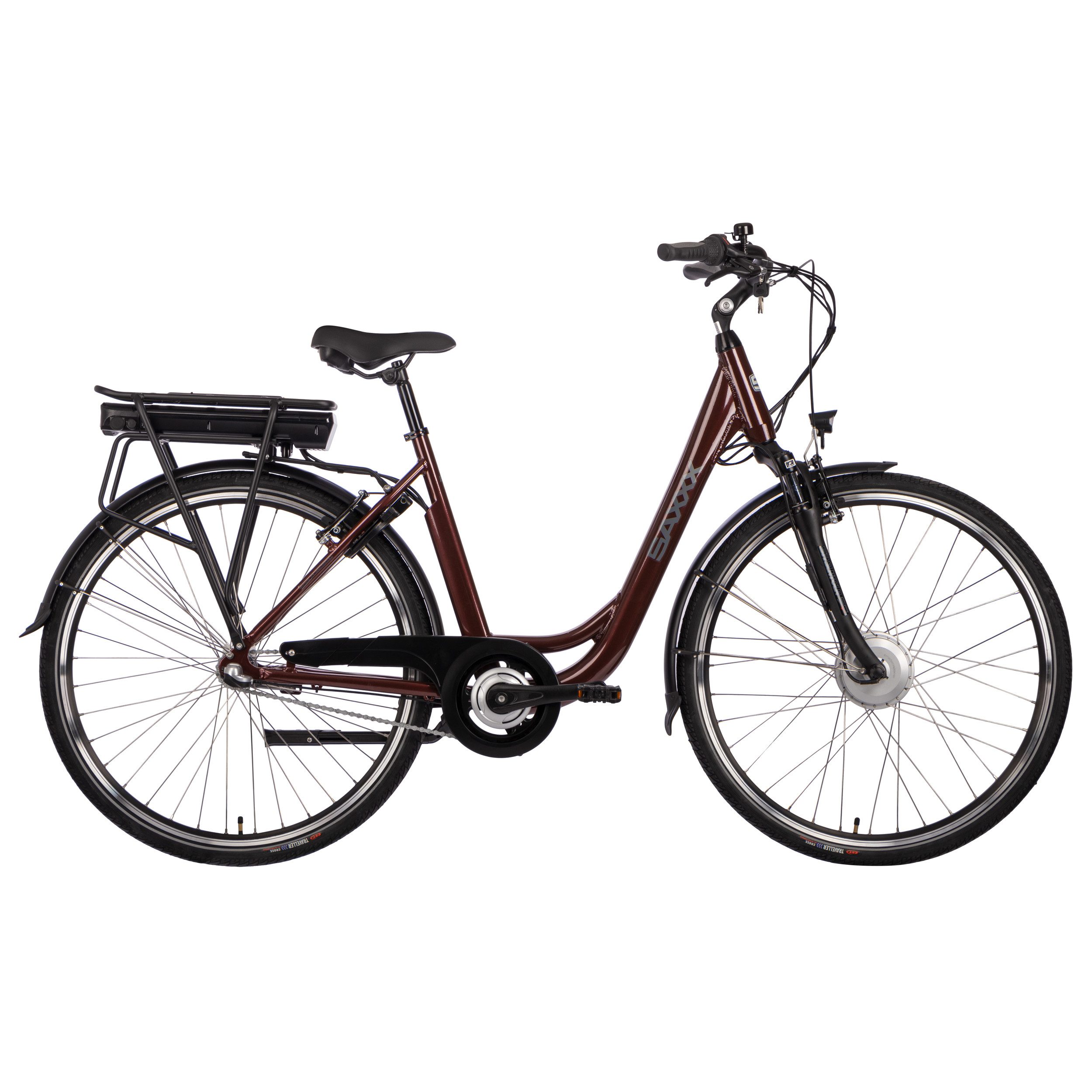 SAXXX E-Bike Advanced Plus Damen E-bike Cityrad mit Rücktrittbremse, 3 Gang Shimano Nexus Schaltwerk, Nabenschaltung, Vorderradmotor, 375 Wh Akku, die hochwertige Nabenschaltung