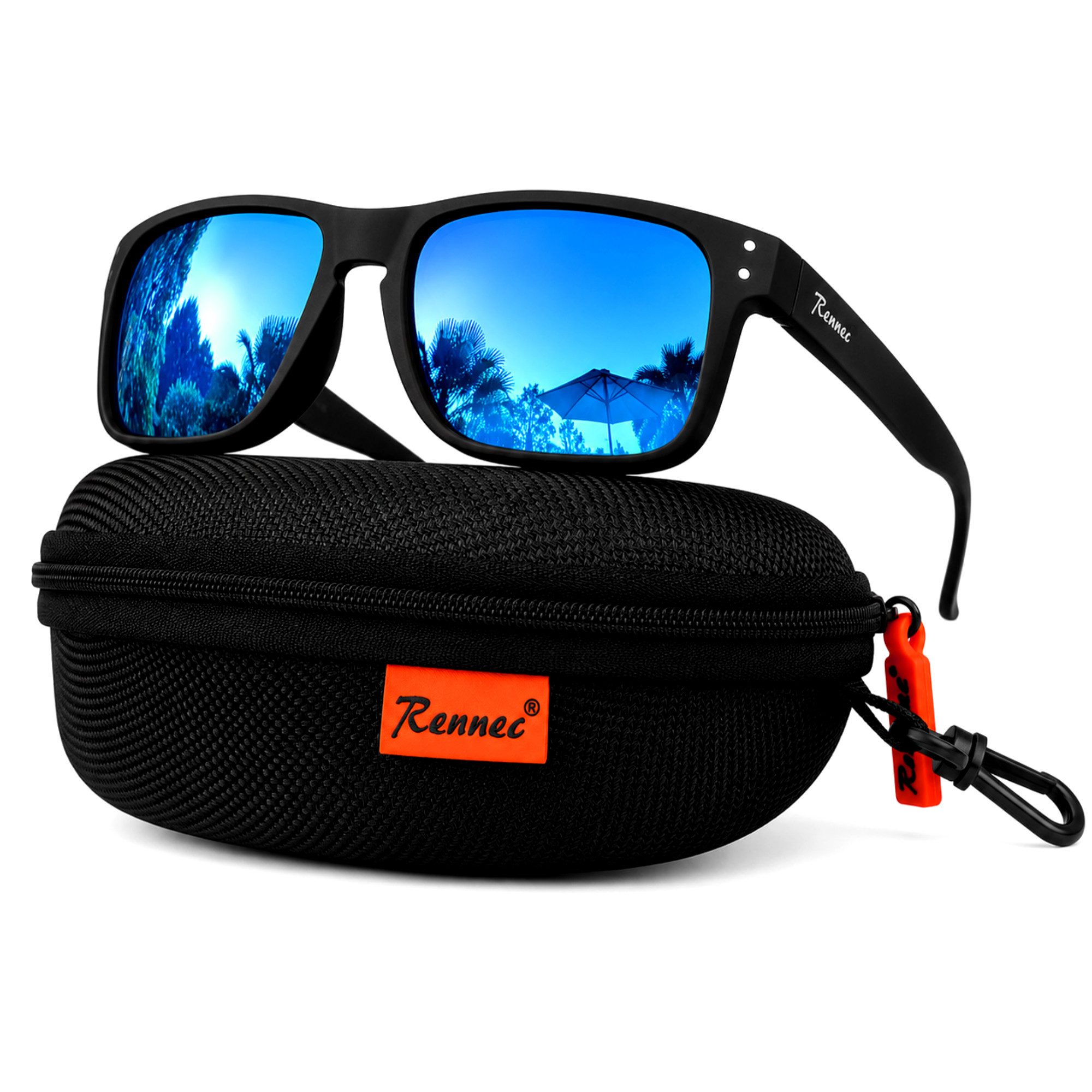 Rennec Sonnenbrille Herren Rechteckig Polarisiert Verspiegelt Markenbrille mit Hardcase Gläser UV400 Getönt oder Verspiegelt, stabile Bügelgelenke