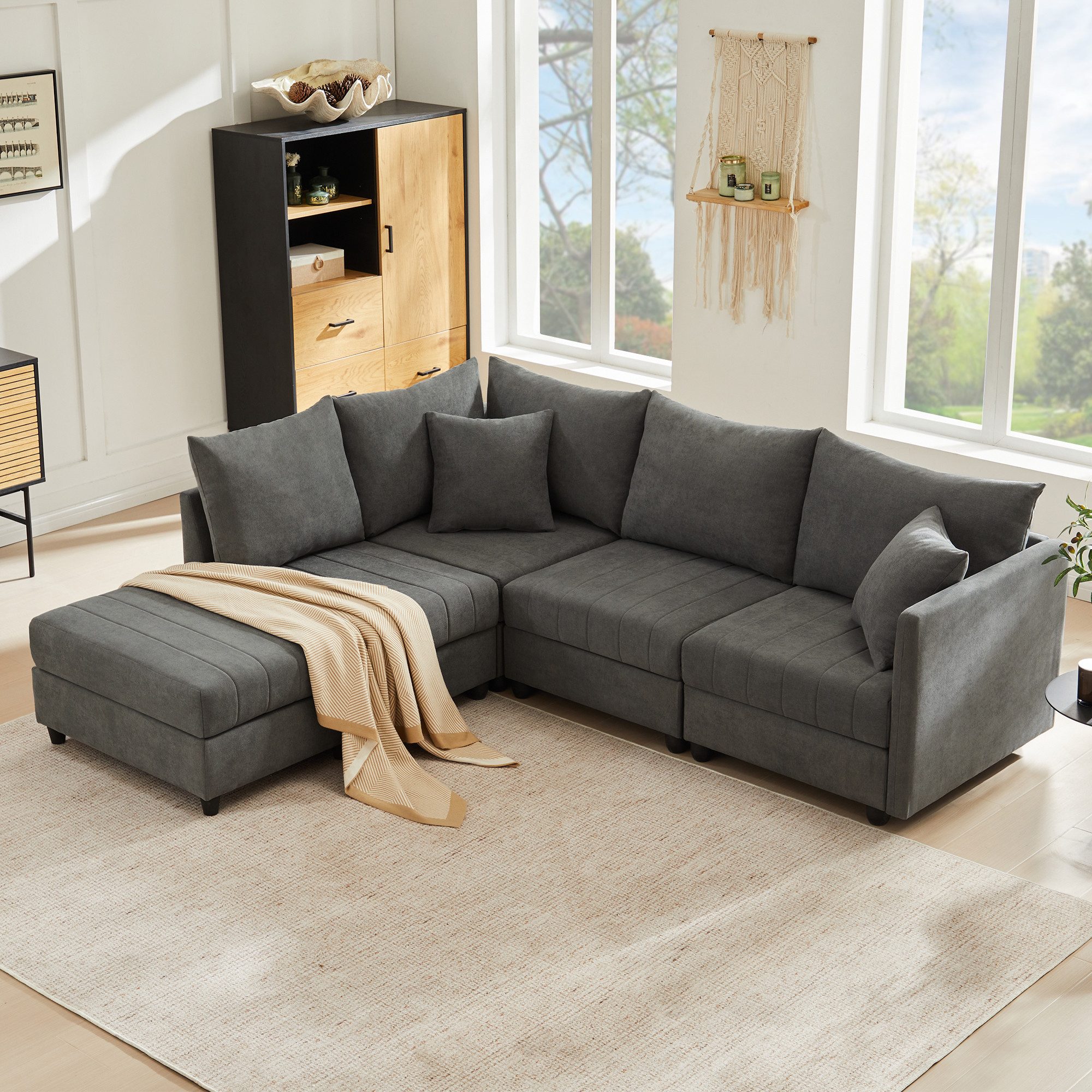 Merax Ecksofa 5-Sitzer Schlafsofa mit umwandelbarem Hocker, 1 Teile, Modulare Sofa L-förmiges/U-förmiges Couch Polstersofa Baumwoll-Leinen, Eckcouch