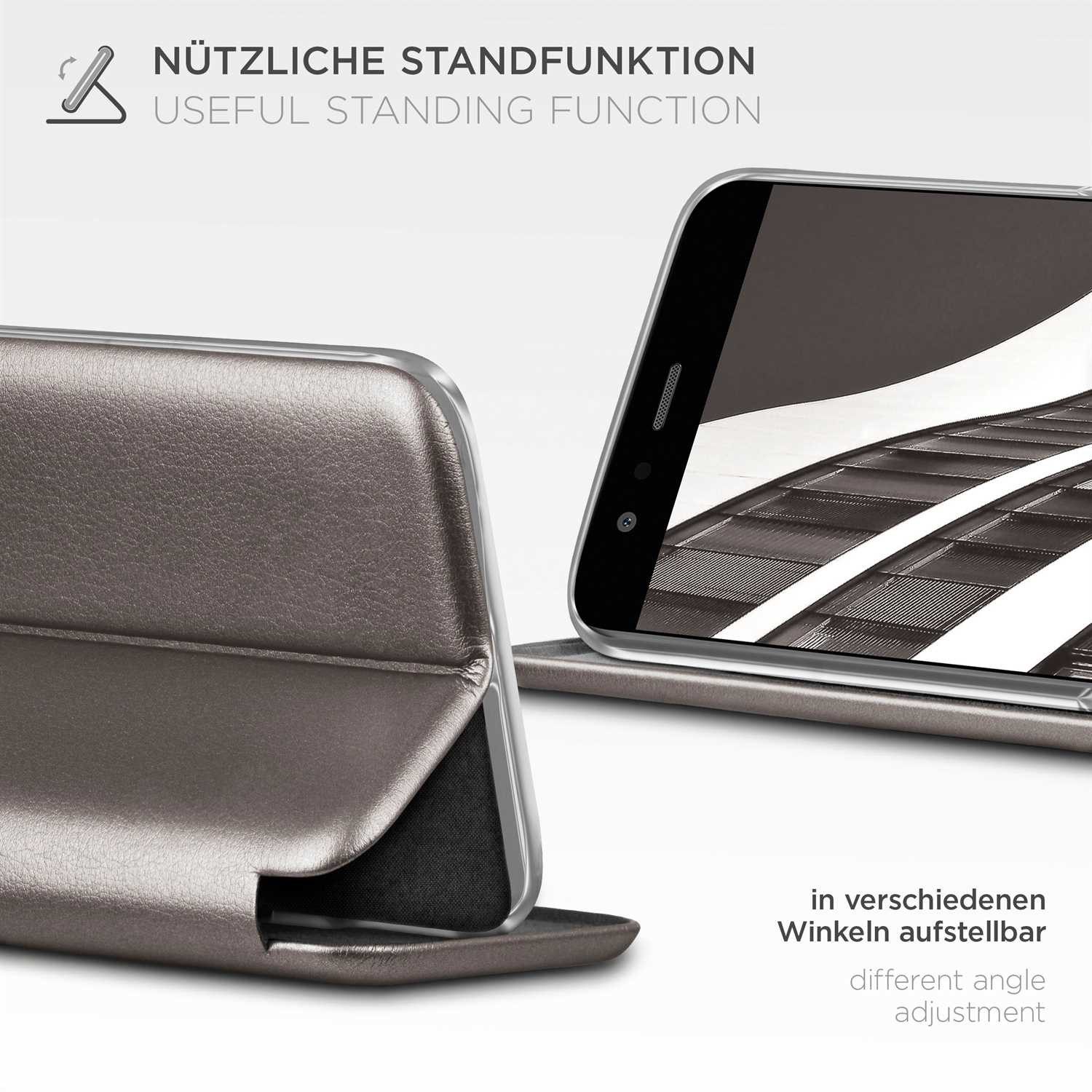 ONEFLOW Handyhülle für Huawei P10 Lite Premium Hülle Business Cover Grau 5,2 Zoll, 360 Grad Schutzhülle Flip Case Etui Klapphülle Dünn Leder Handy Tasche