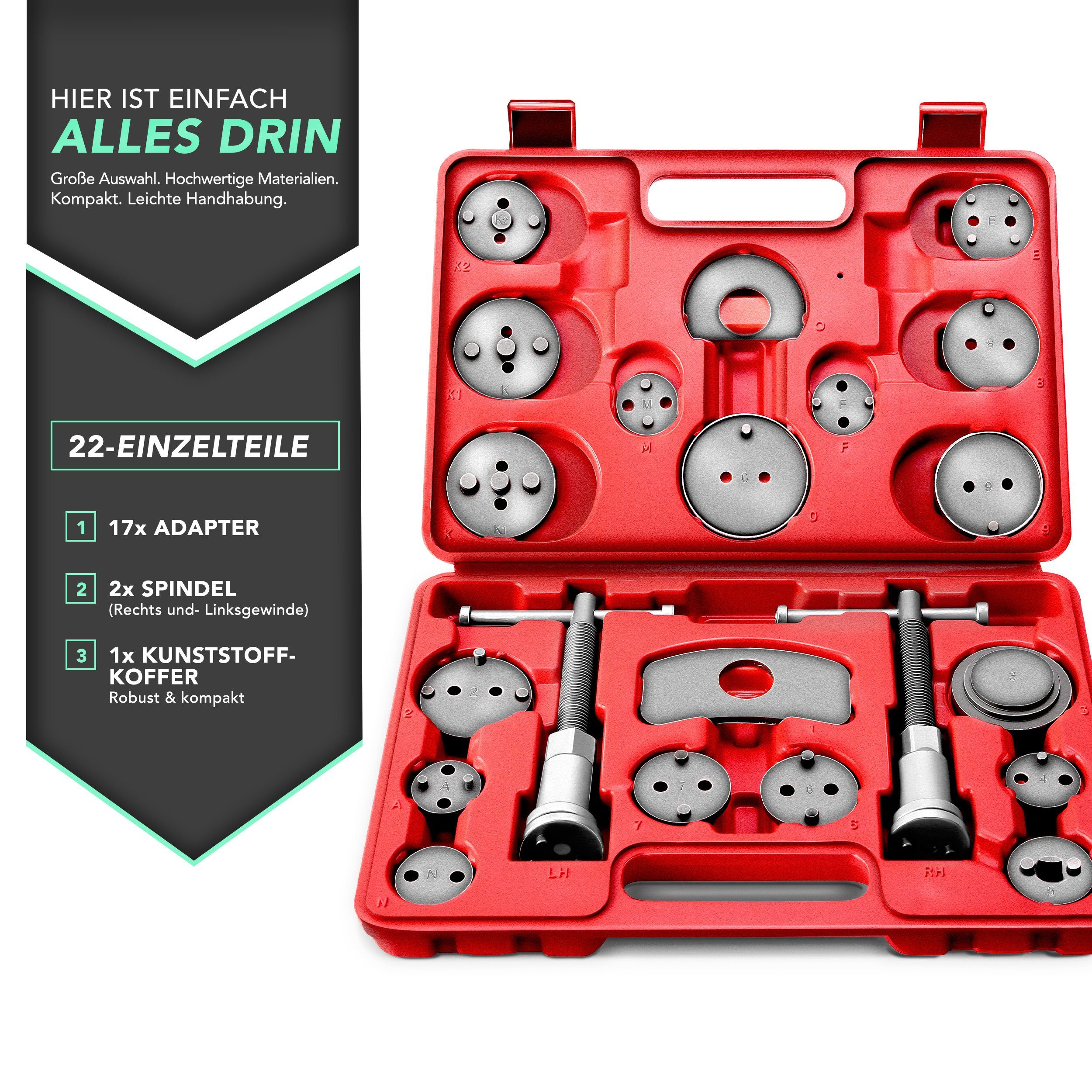 TRESKO Montagewerkzeug TRESKO 22tlg Bremskolbenrücksteller rot Set Bremskolben Satz Kolben, universell