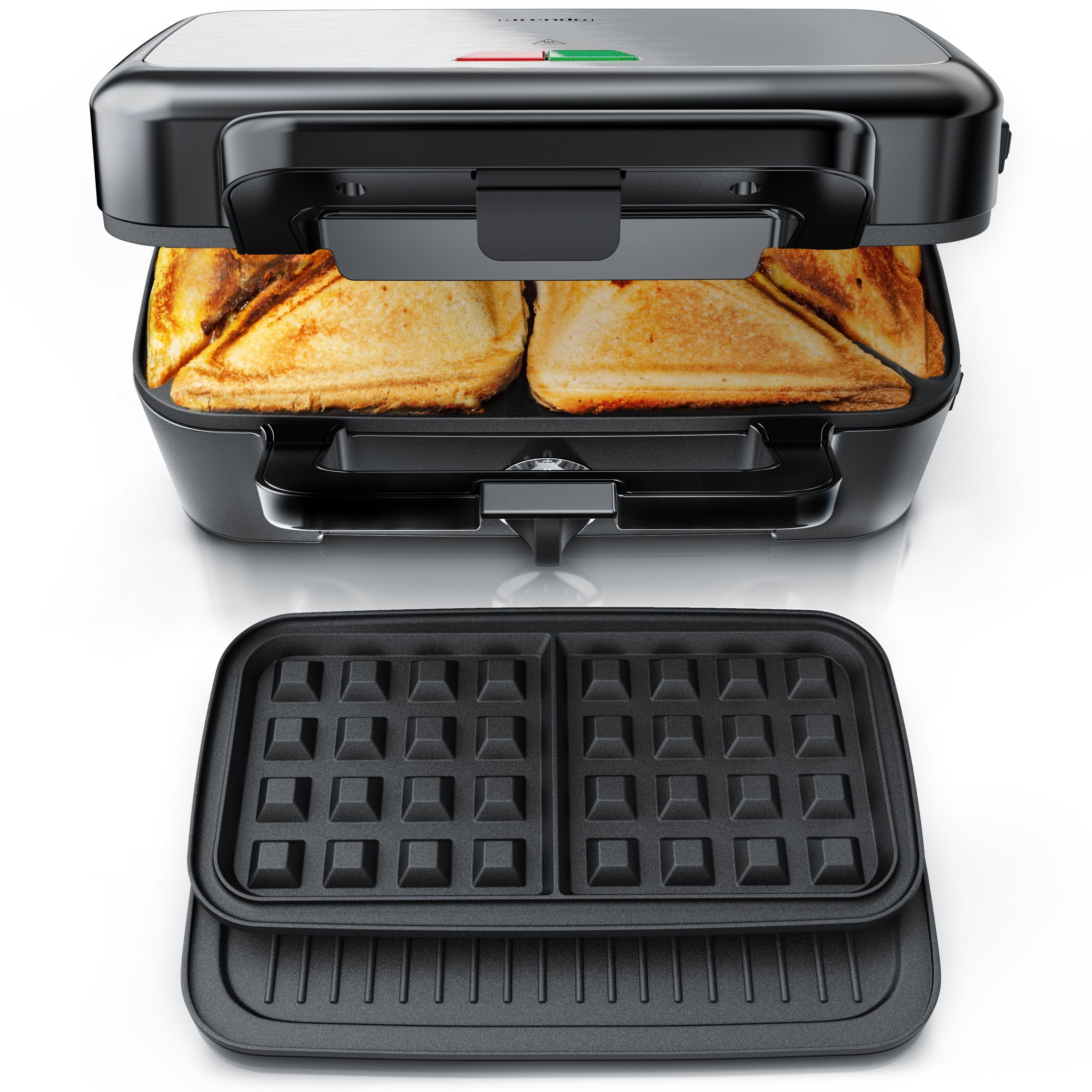 Arendo 3-in-1-Sandwichmaker Waffeleisen & Kontaktgrill, Antihaftbeschichtete abnehmbare Platten, Sandwichtoaster, 1200 W, für Sandwiches, Waffeln & Panini