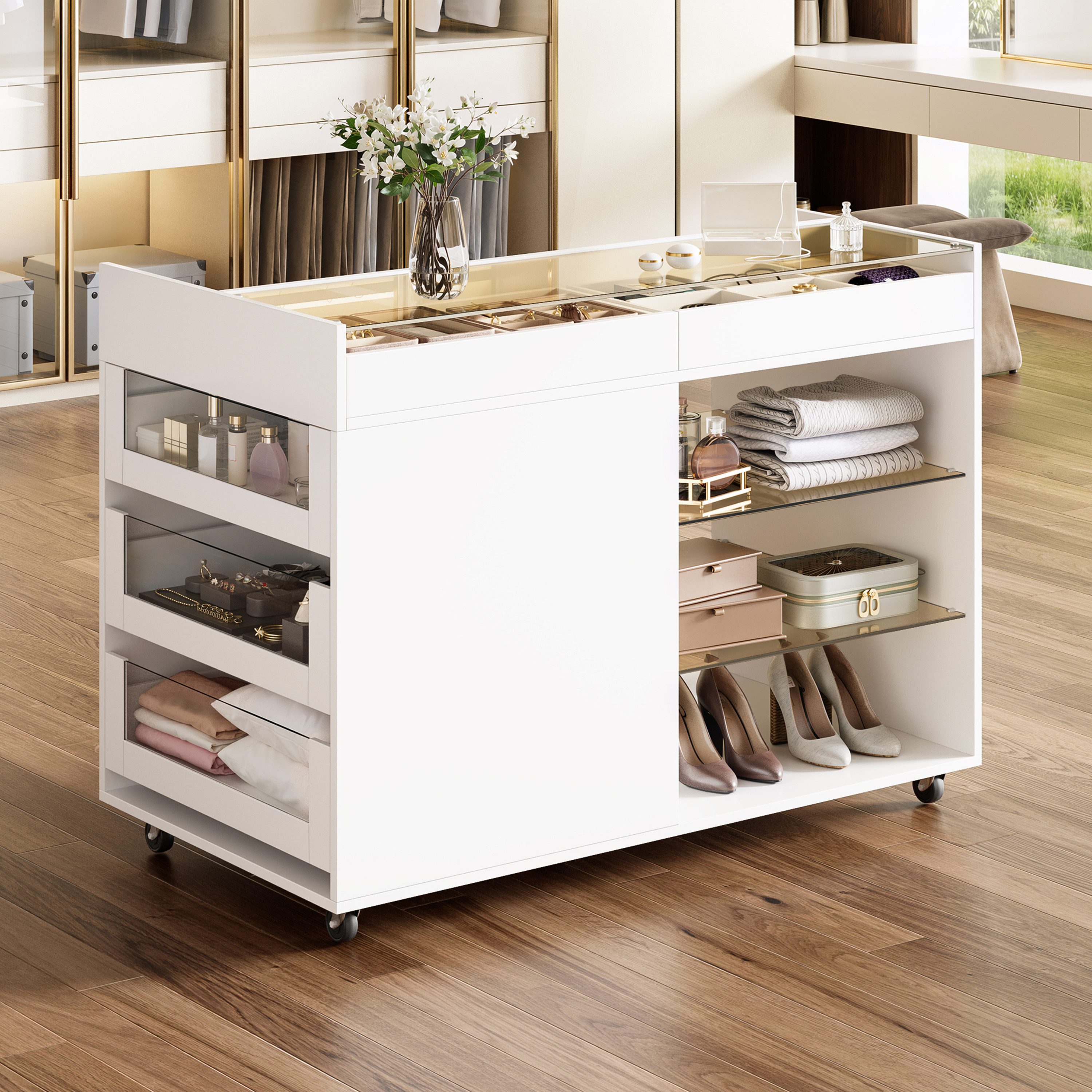 Merax Sideboard Schminktisch mit Glasplatte auf Rollen mit 5 Schubladen (1 St., Sideboard mit Stauraum), Multifunktional Kommode, Fächereinteilung, 110x60x79 cm – Bild 3 von 5