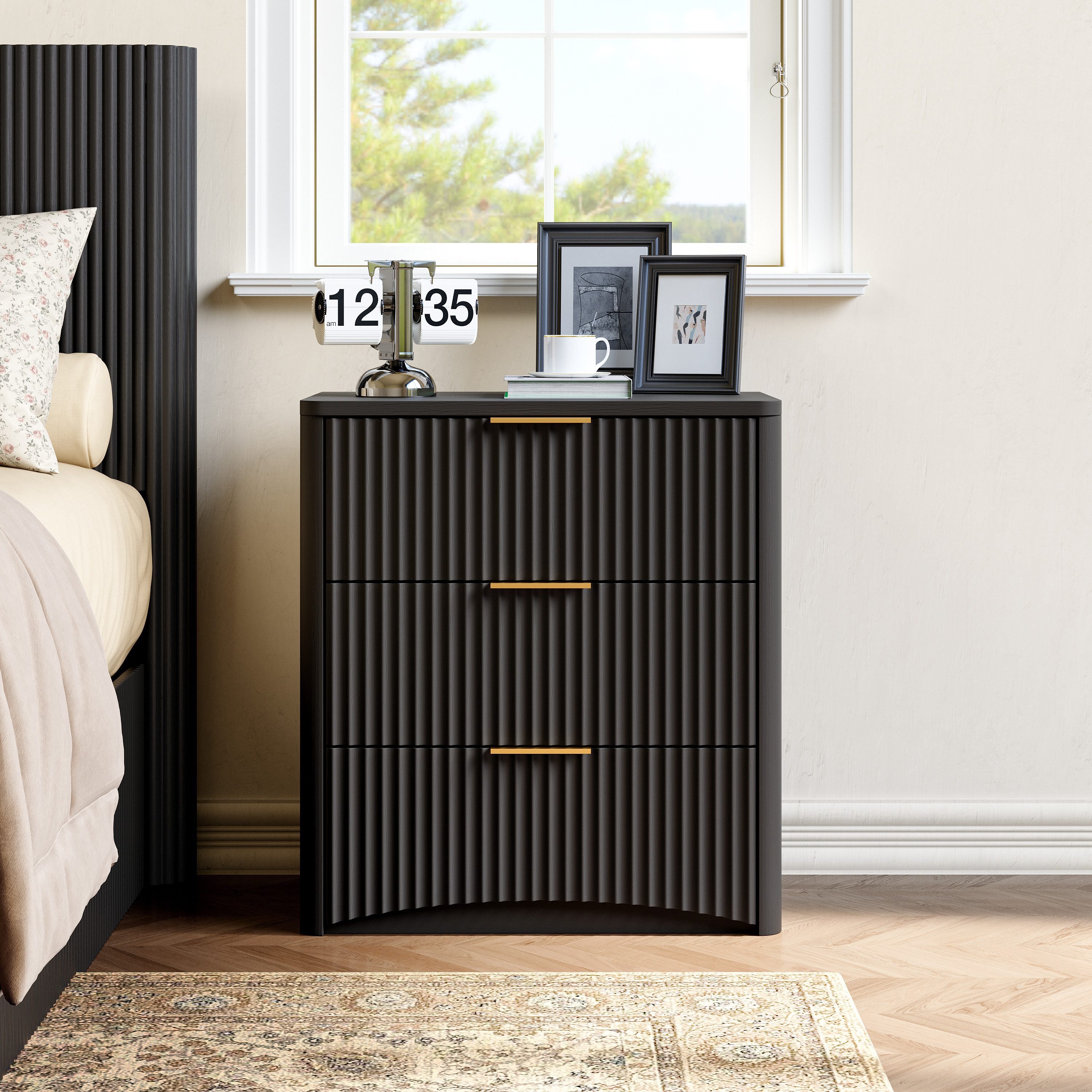 REDOM Nachttisch Kommode mit 3 Schubladen, klassisches Design mit Rillen (Metallgriffe und geräuscharme Führung, stabiles Unterteil, Eiche), Schrank