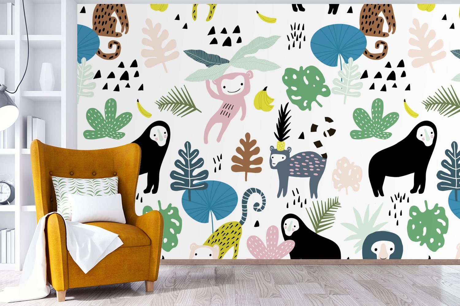 St), Pflanzen Schlafzimmer, Vinyl Tapete - Wallpaper Dschungel, - Fototapete bedruckt, Kinderzimmer, (6 MuchoWow Wohnzimmer, Tiere für Matt,