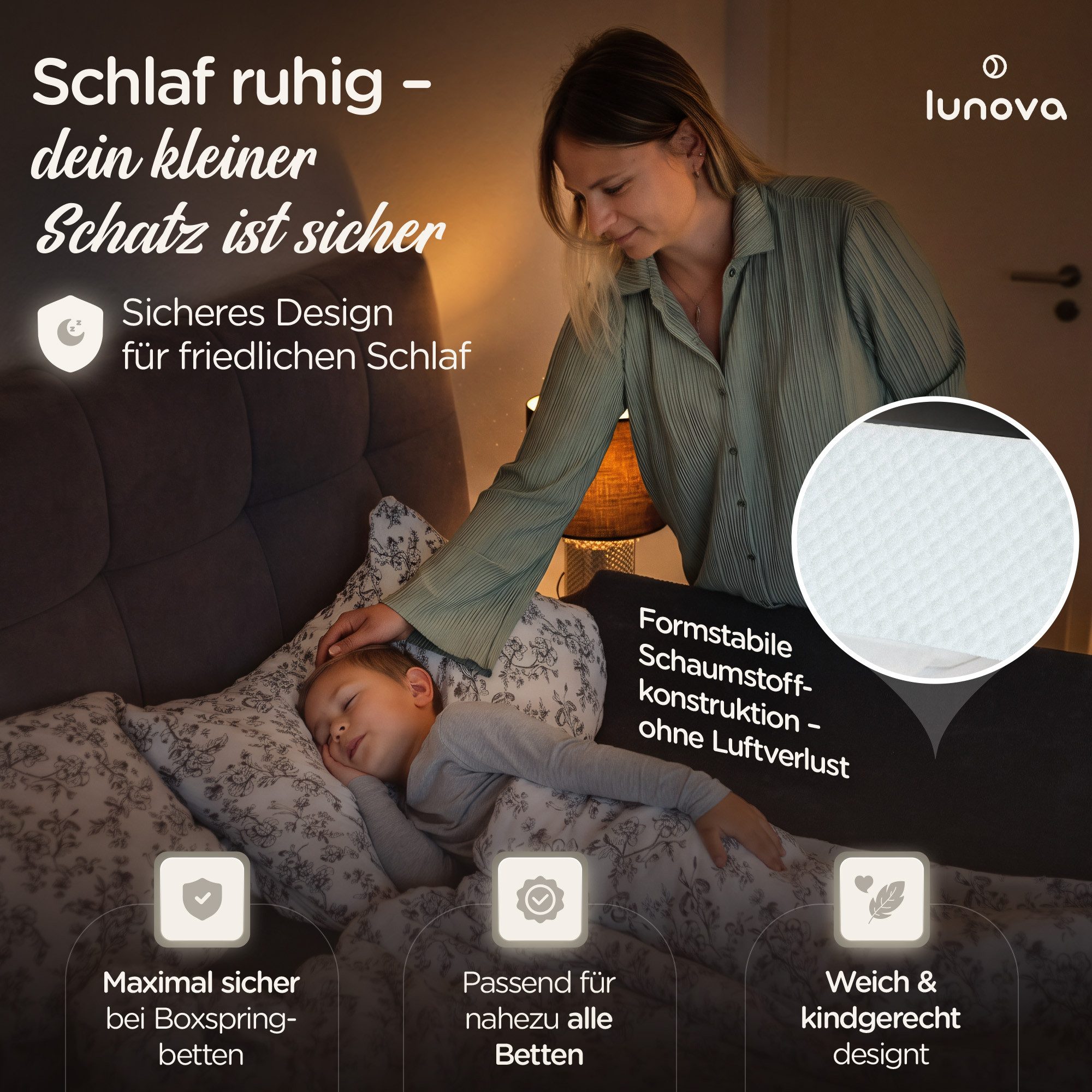 Lunova Bettschutzgitter Rausfallschutz Bett für Kinder – Boxspringbett & Elternbett, Formstabiler Schaumstoff · ohne Montage · ohne Nachpumpen