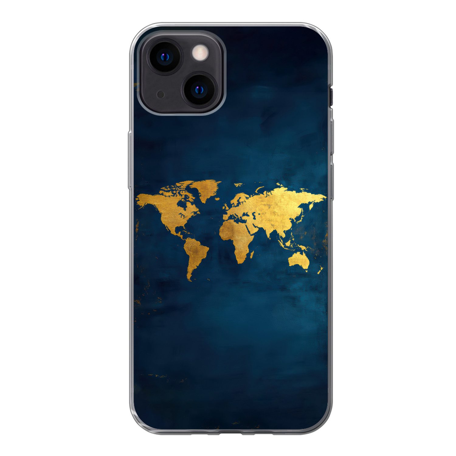 MuchoWow Handyhülle für Apple iPhone 13 Weltkarte - Gold - Dunkelblau, Smartphone-Bumper, Print, Handy Schutzhülle Dünn