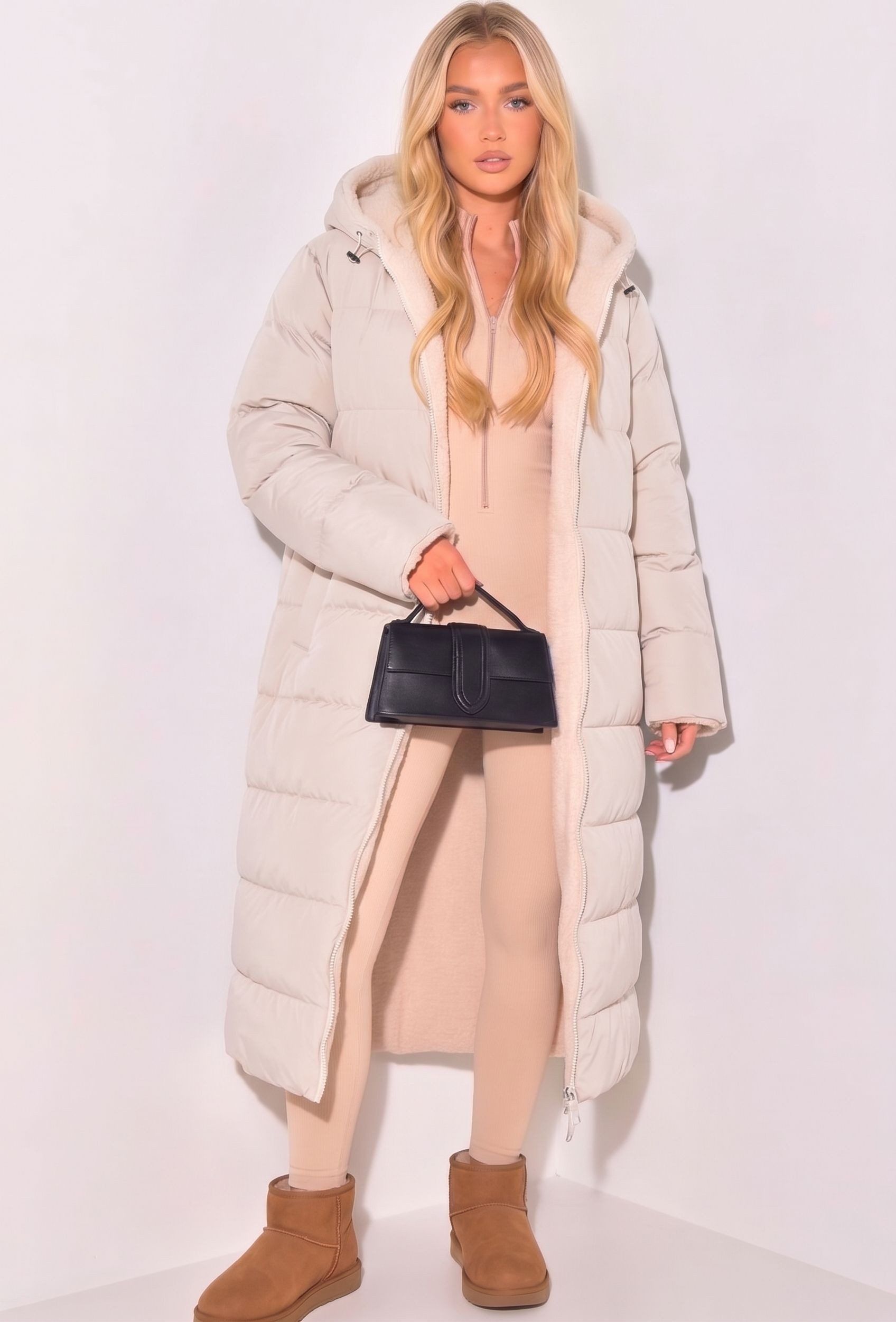 Copperose Winterjacke Wende-Wintermantel Oversized langer Stepp- und Teddyfell-Mantel 7591 mit Kapuze