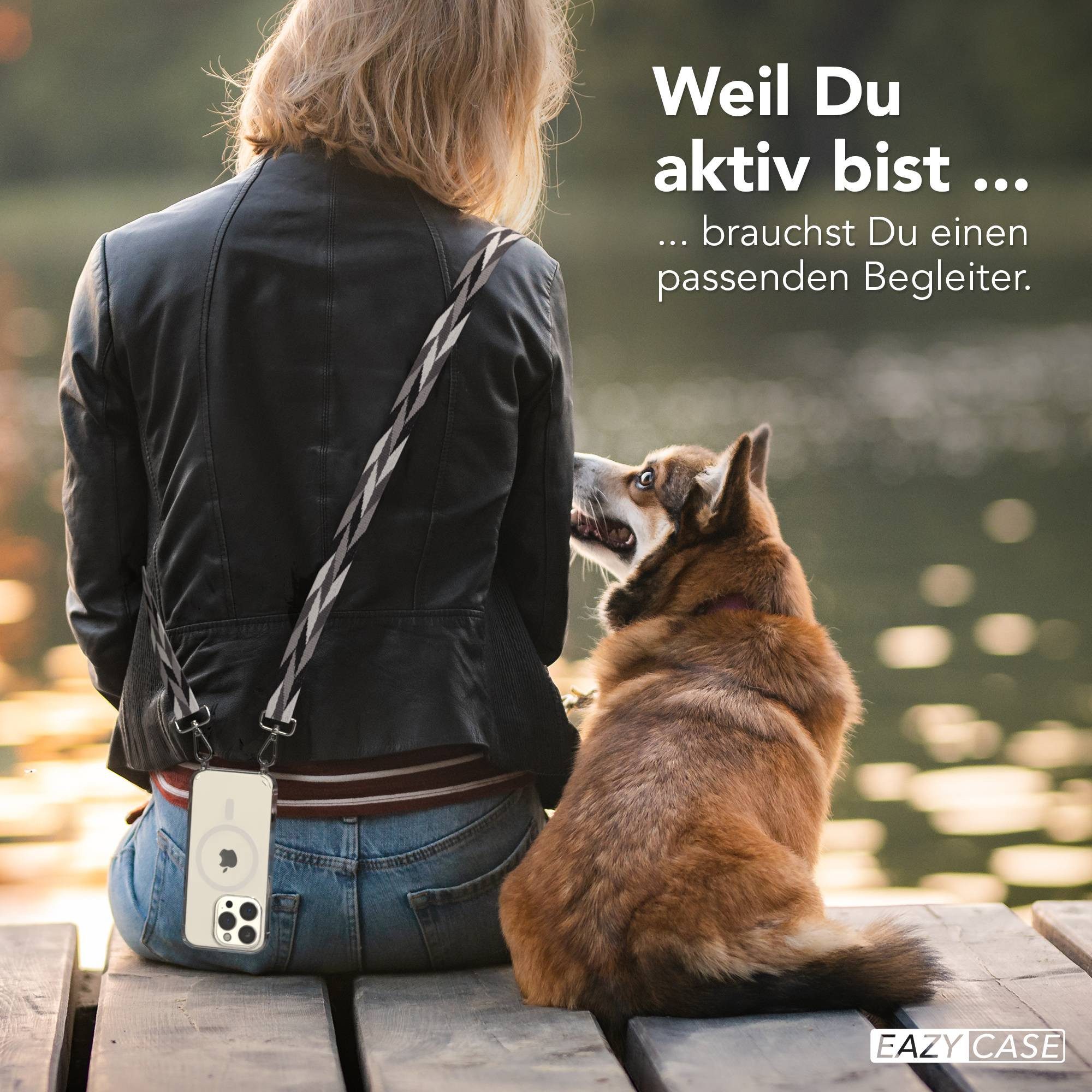 EAZY CASE Handykette Umhängeband MagSafe Hülle für Apple iPhone 15 Pro 6,1 Zoll, Handyhülle Rope Band MagSafe Crossbody Mix Grau Schwarz