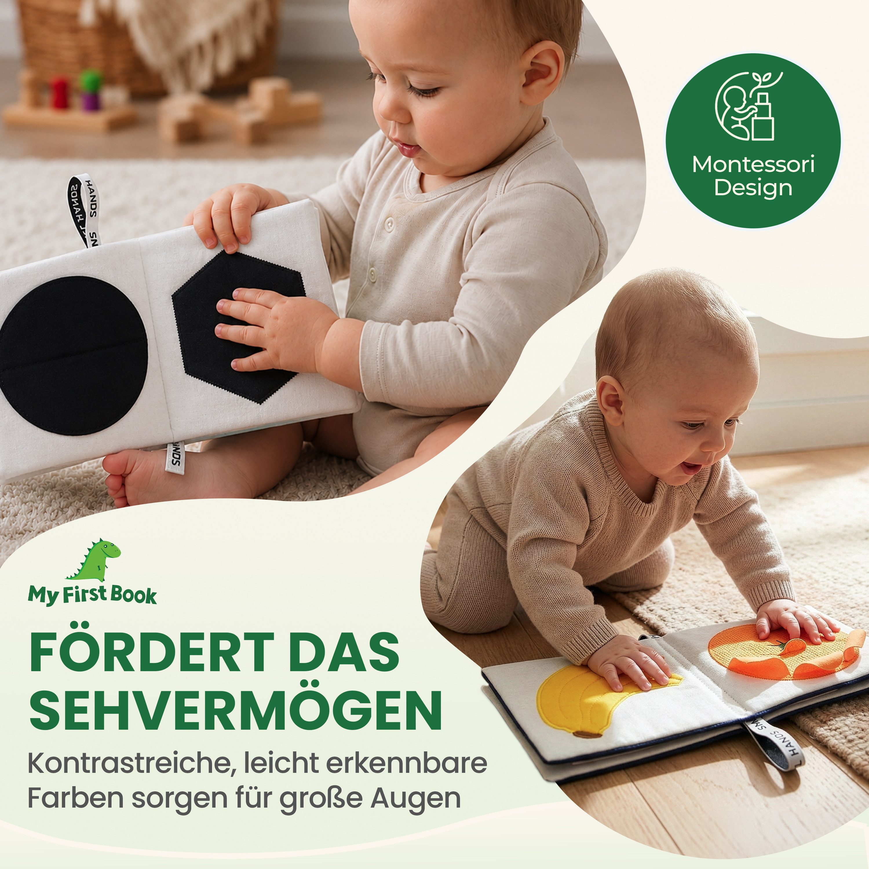 My First Book Stoffbuch Small Hands, Kontrastbuch Schwarz-Weiß, 0-3 Monate, Sinnesförderung, Kontrastbuch Schwarz-Weiß Fühlbuch, Montessori ab 0 Monate