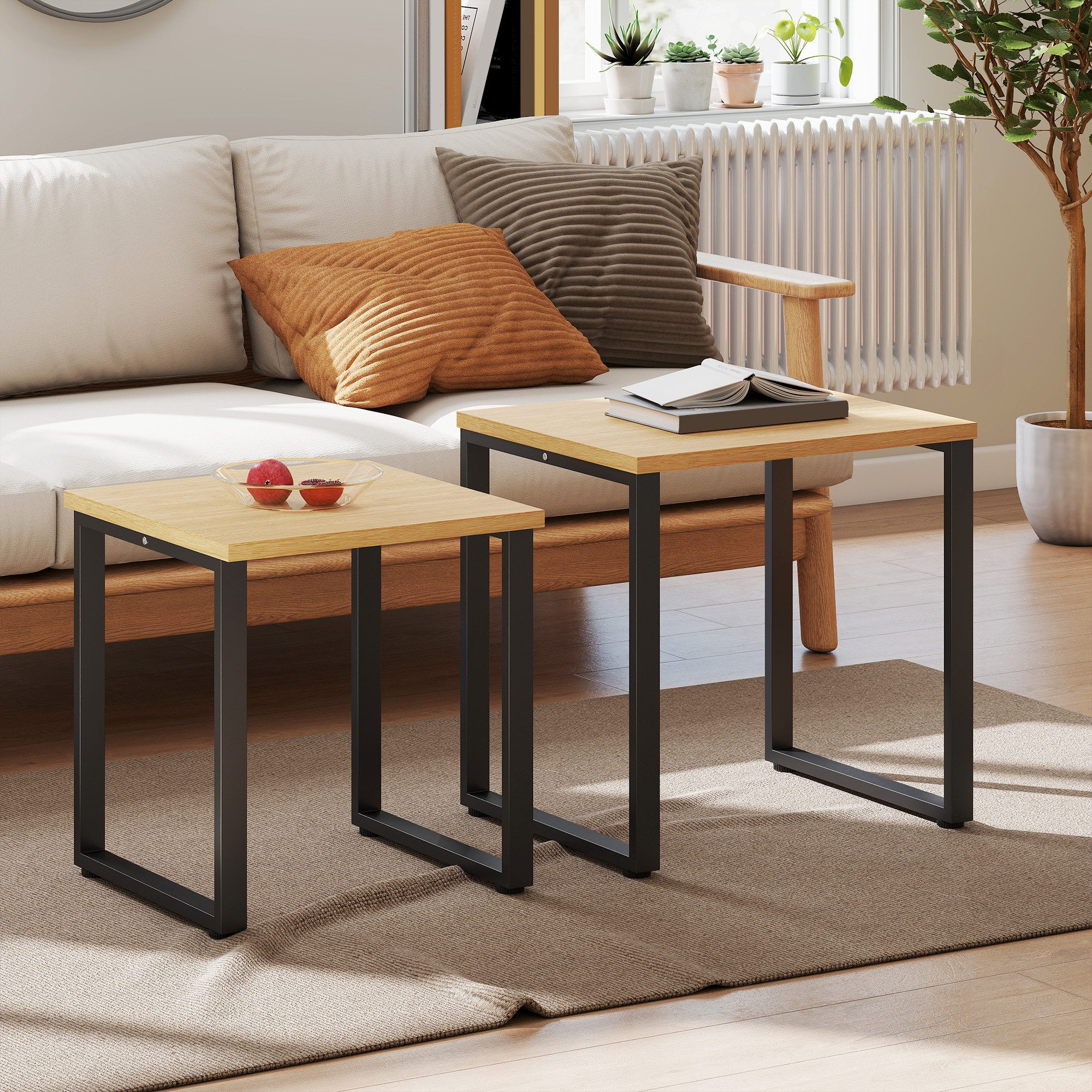 HOMCOM Couchtisch Wohnzimmertisch mit Metallrahmen, Beistelltisch Natur (Kaffeetisch, 2-St., Satztisch), modernes Design