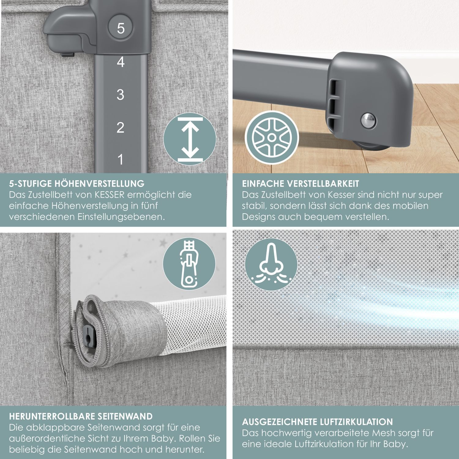 KESSER Kinderbett, Zustellbett Hubi 3in1 Baby Beistellbett Reisebett Babybett