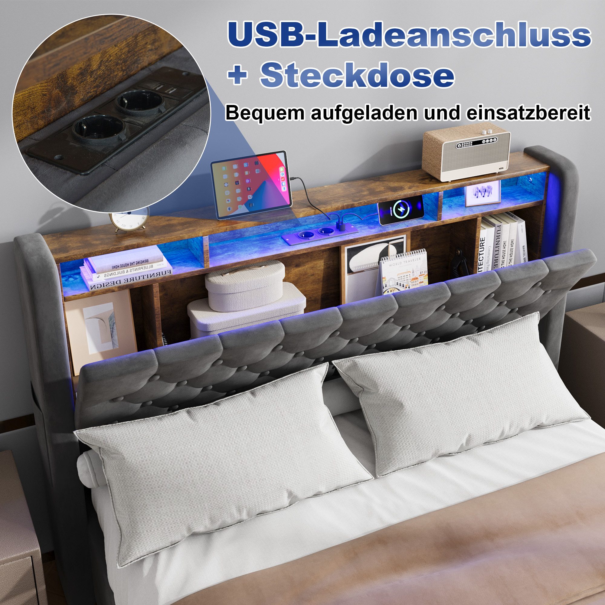 STILVORA Polsterbett 140×200 mit bettkasten,Funktionbett Jugenbett mit Stauram & Steckdose (Hochdichter Lattenrost, Metall-Querstrebe,Gepolstertes Kopfteil, Mod – Bild 4 von 5