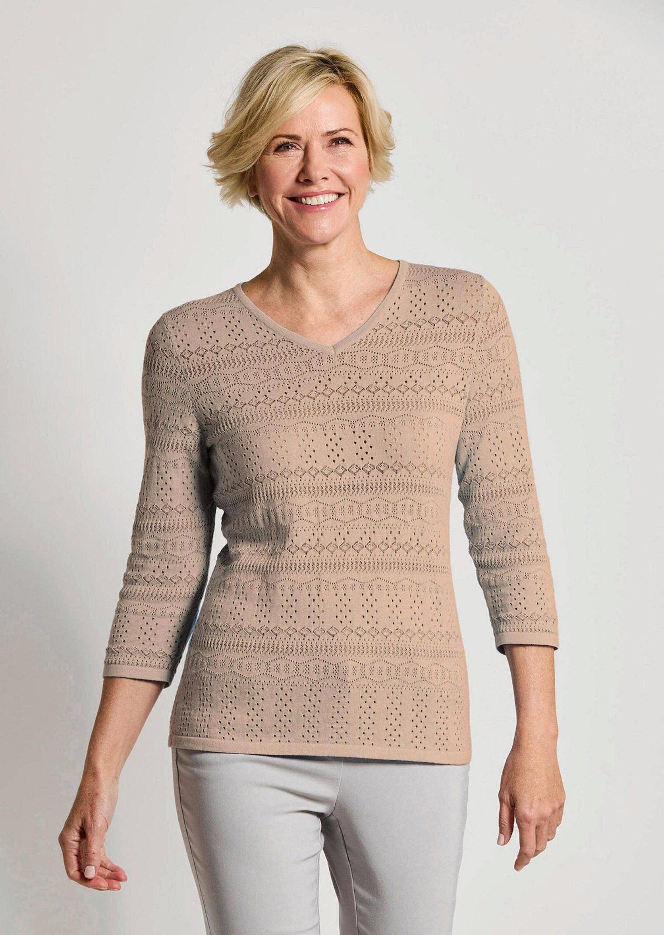 GOLDNER Strickpullover Kurzgröße: Sommerpullover mit V-Ausschnitt Baumwollpullover mit Ajourmuster, V-Ausschnitt und 3/4-Ärmeln
