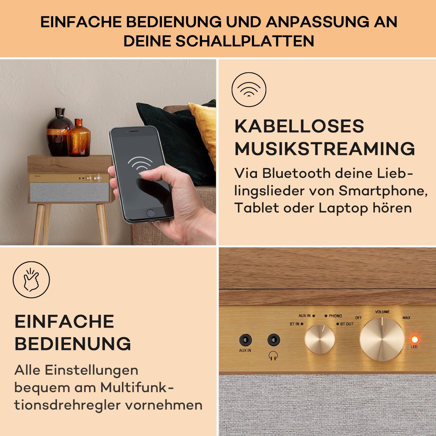 lautsprecher Bluetooth, Plattenspieler Berklee (Riemenantrieb, Bluetooth Case Kopfhöreranschluss IN AUX Holz) TT Auna