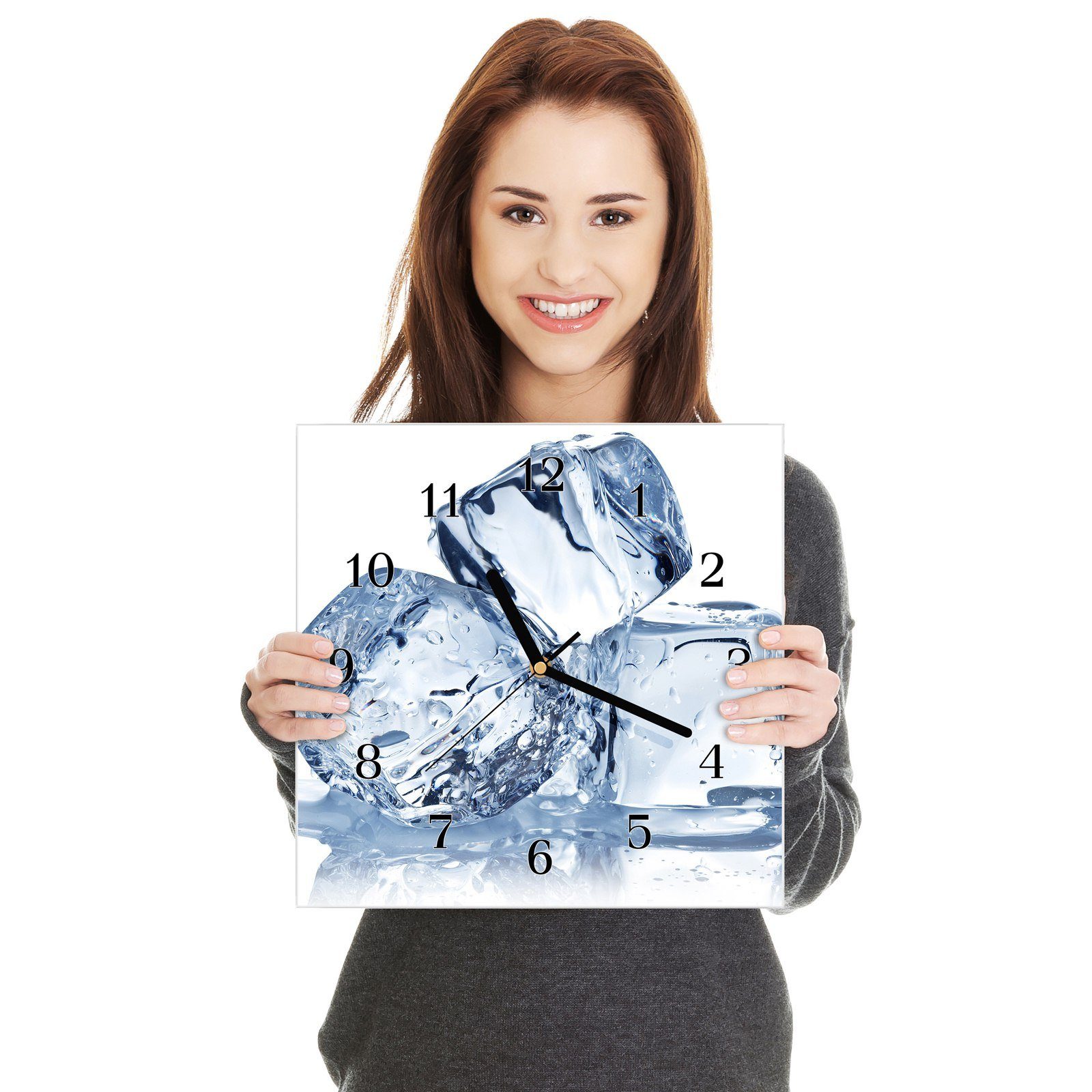Primedeco Wanduhr Glasuhr Größe Wanduhr 30 Wasser cm auf 30 Eiswürfel mit Motiv x Wandkunst