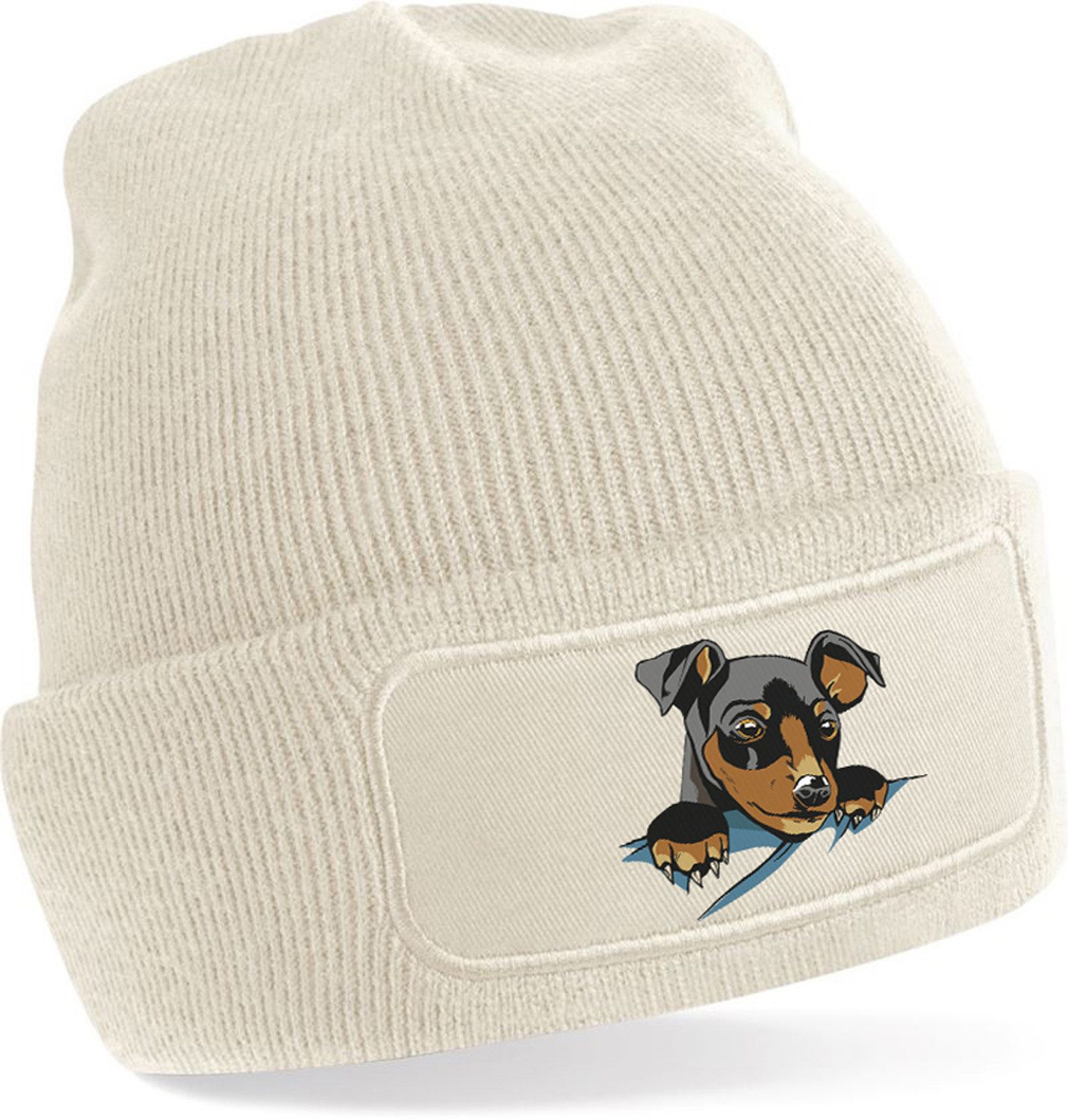 Strickmütze für kalte Tage - Beanie mit Umschlag und Hunde Print